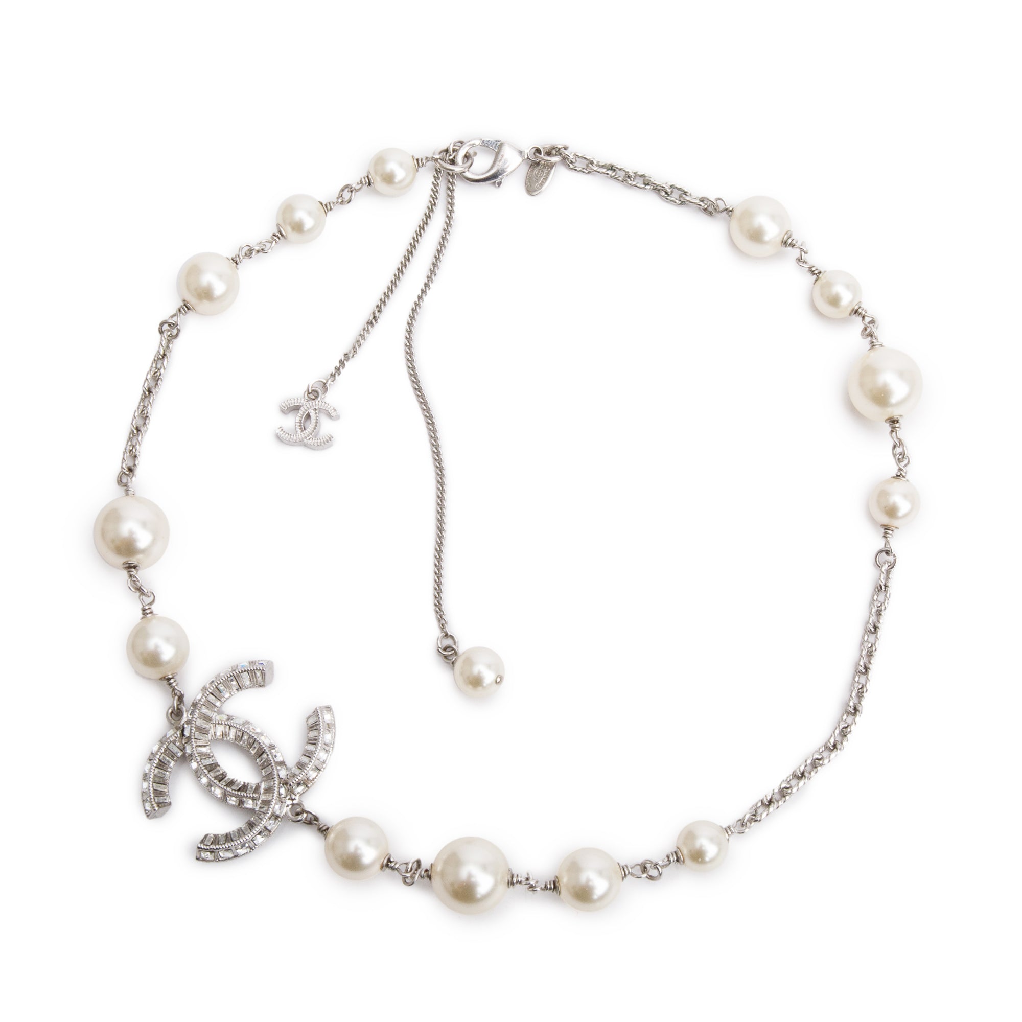 Chanel Palladium-Plated Faux Pearl & Strass CC Collar Necklace w/ Box