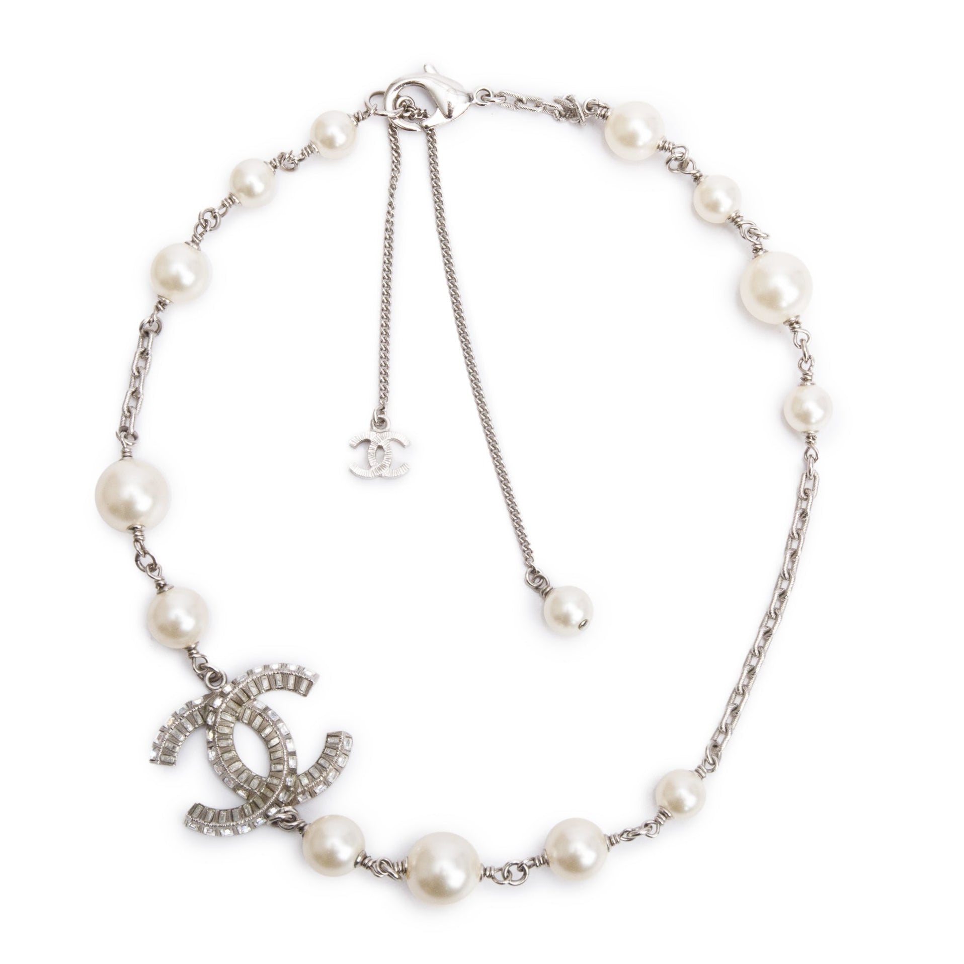 Chanel Palladium-Plated Faux Pearl & Strass CC Collar Necklace w/ Box