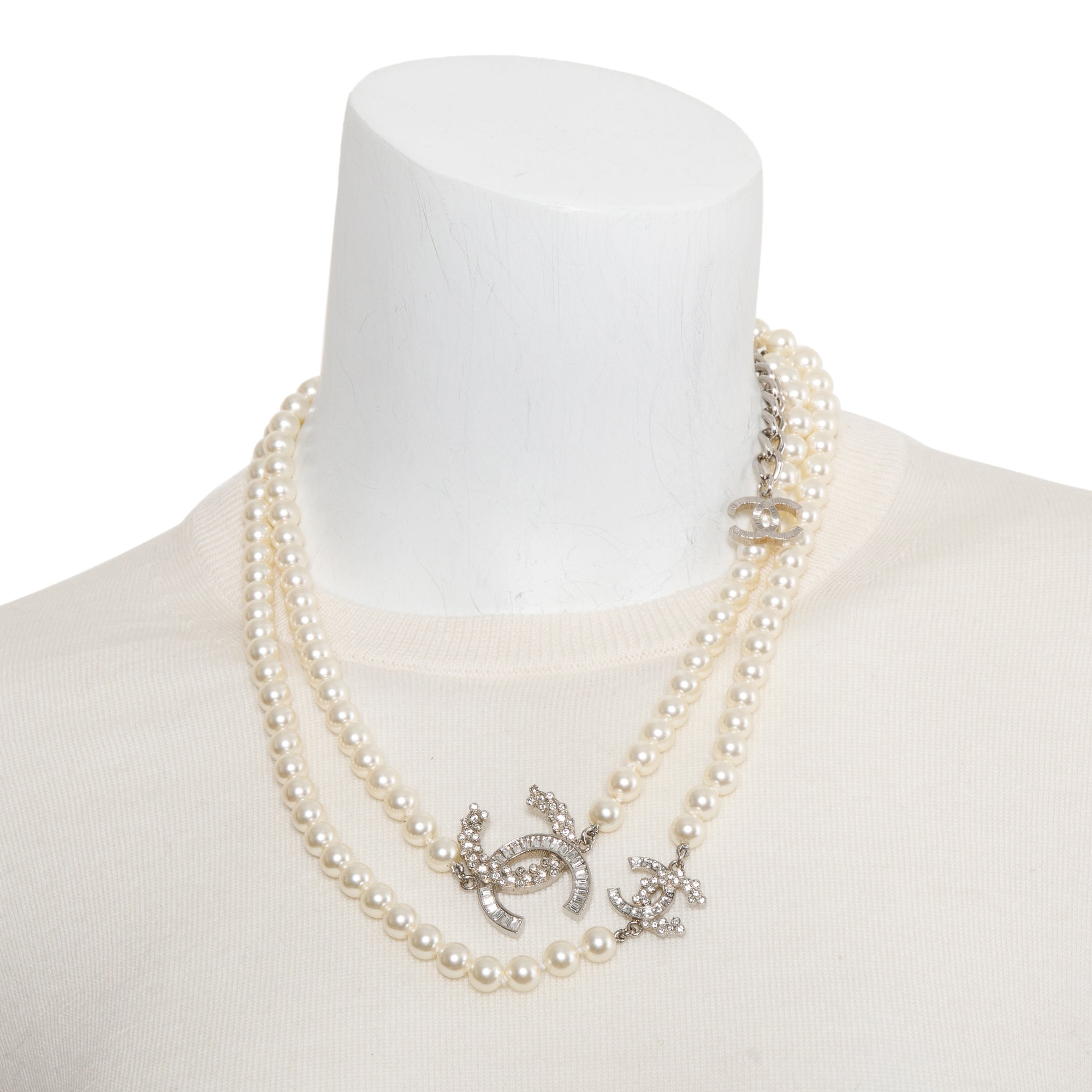 Chanel Palladium-Plated Faux Pearl Strass CC Long Necklace w/ Box