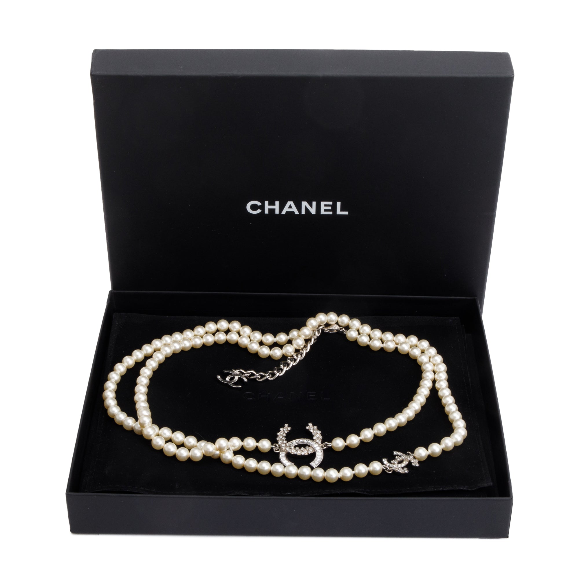 Chanel Palladium-Plated Faux Pearl Strass CC Long Necklace w/ Box