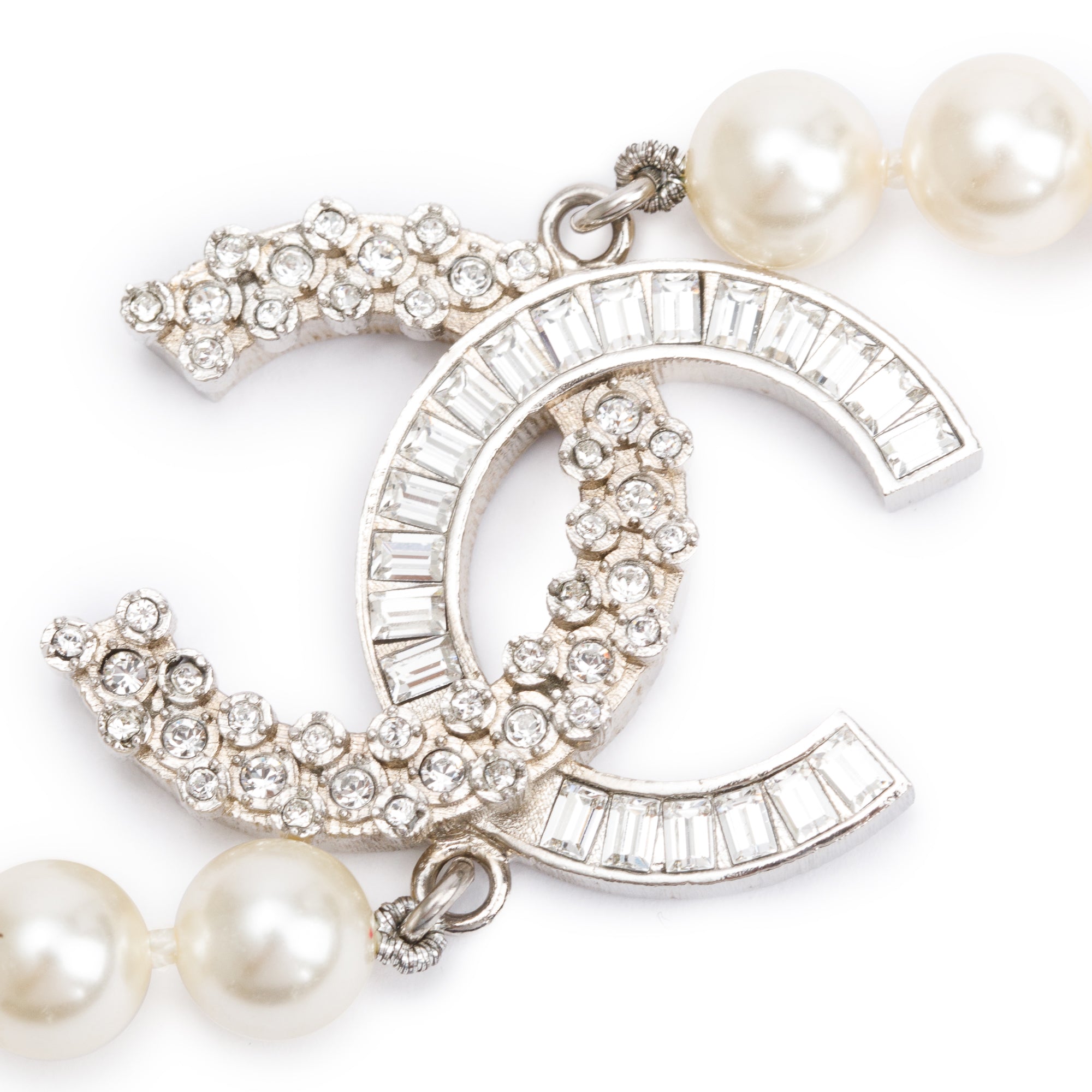 Chanel Palladium-Plated Faux Pearl Strass CC Long Necklace w/ Box