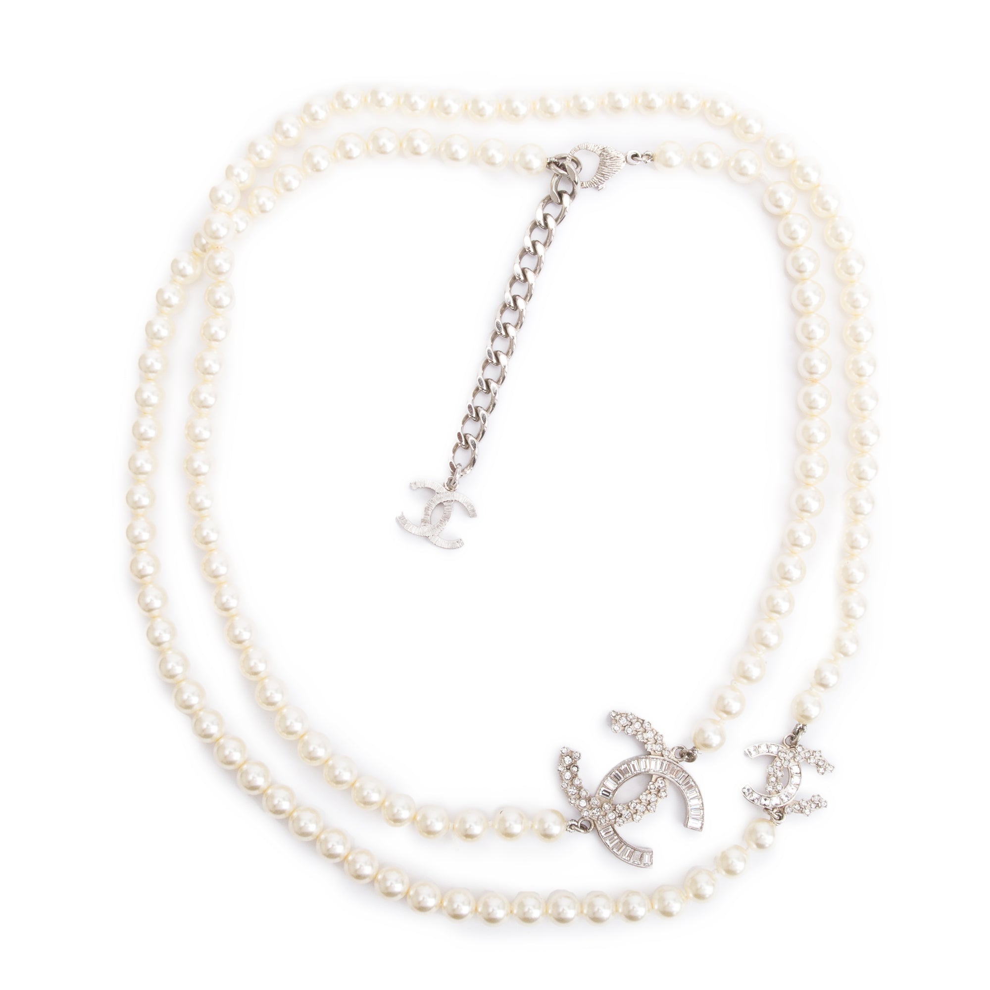 Chanel Palladium-Plated Faux Pearl Strass CC Long Necklace w/ Box