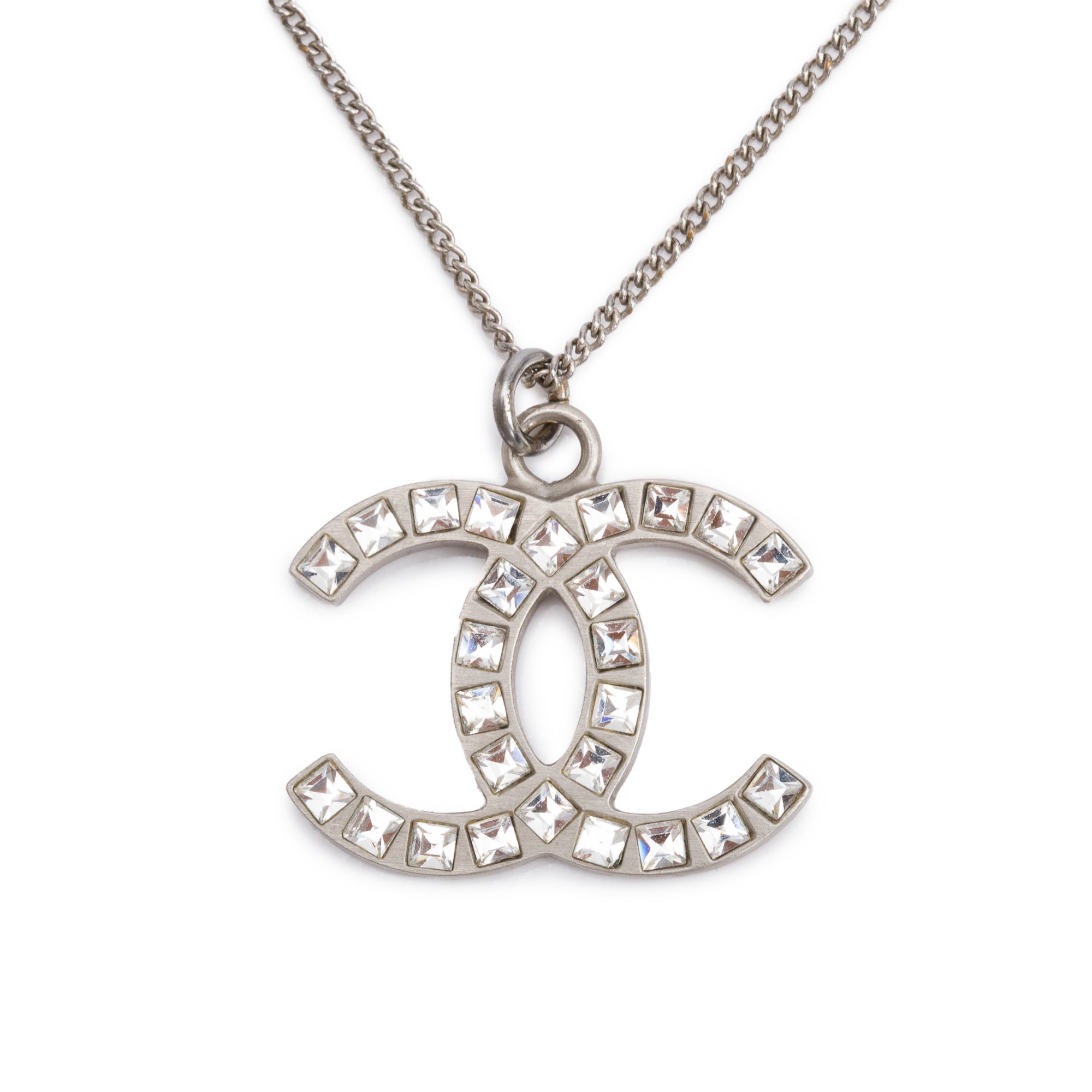 Chanel Palladium-Plated Metal Strass CC Pendant Necklace