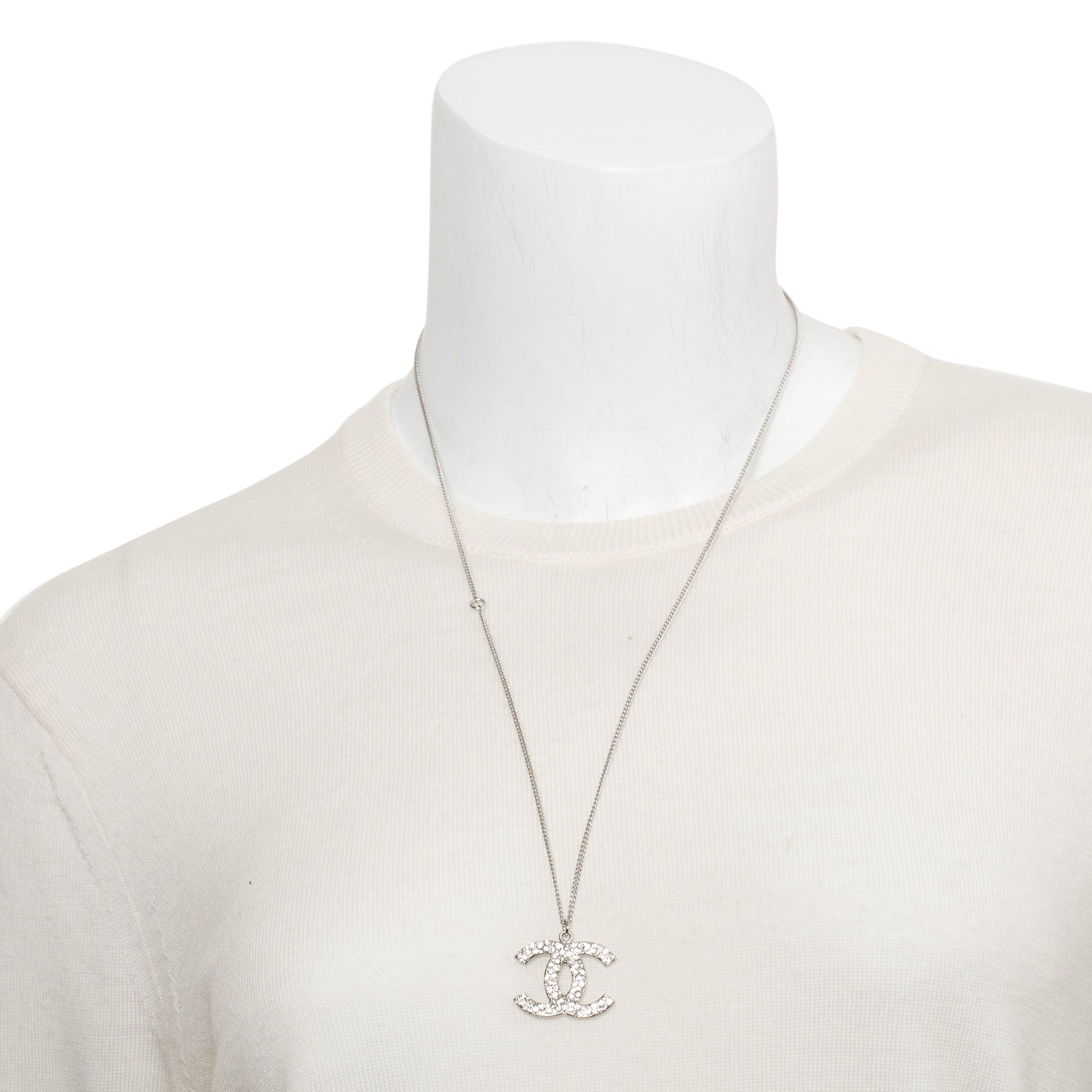 Chanel Palladium-Plated Metal Strass CC Pendant Necklace