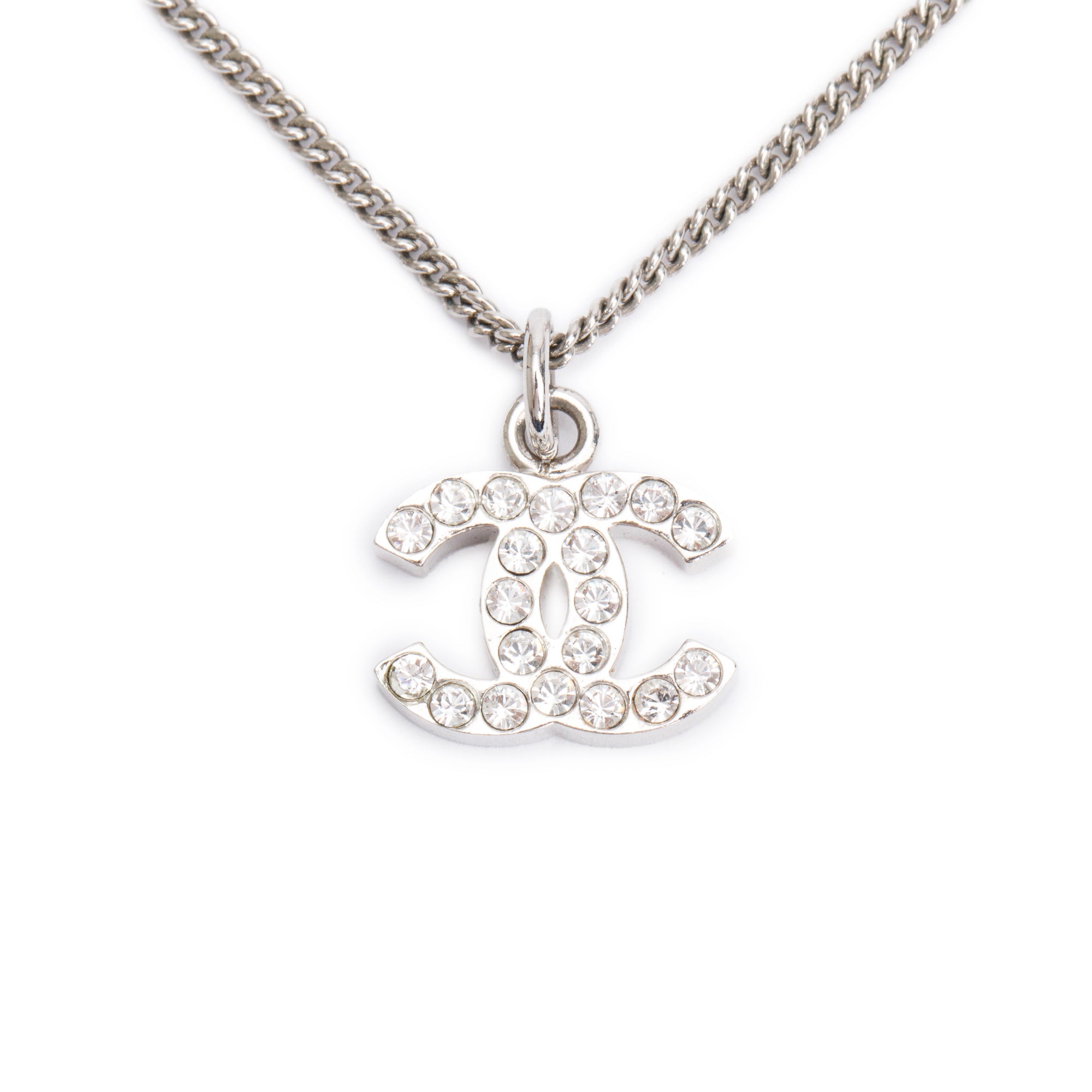 Chanel Palladium-Plated Metal Strass CC Pendant Necklace