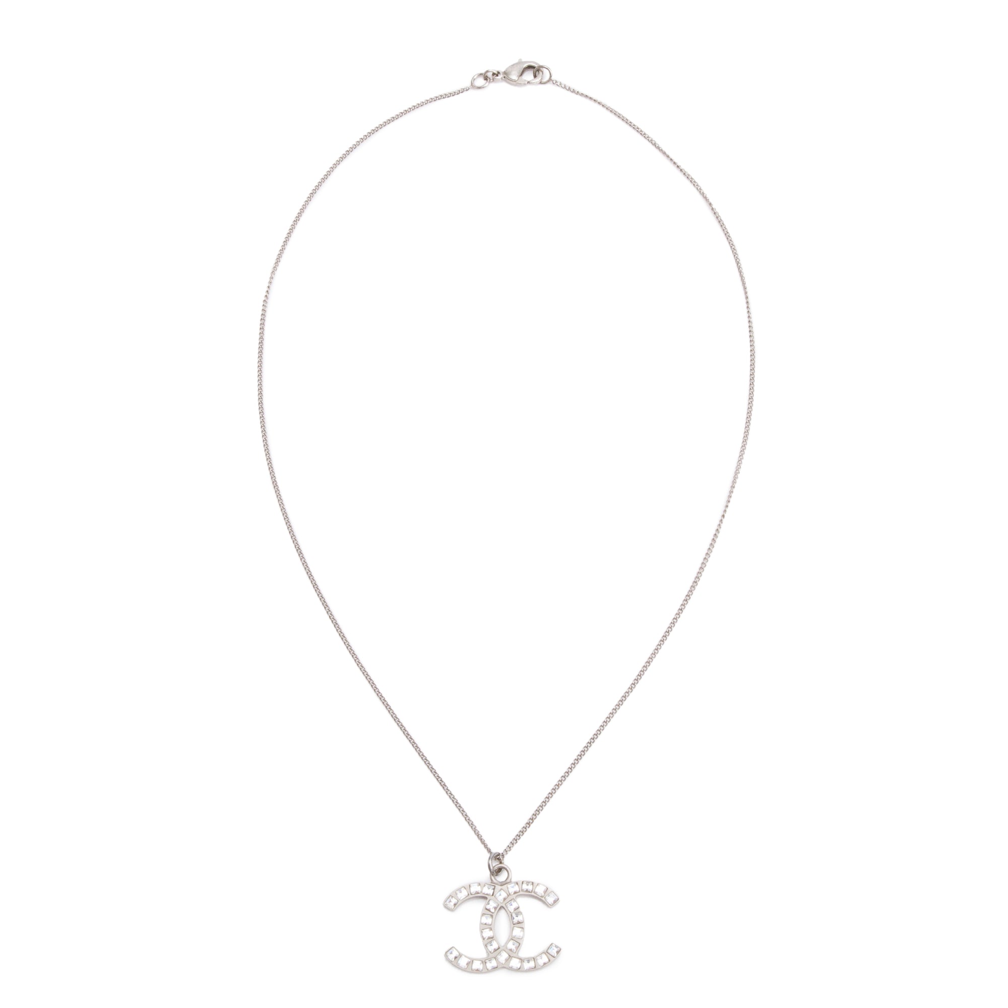 Chanel Palladium-Plated Metal Strass CC Pendant Necklace
