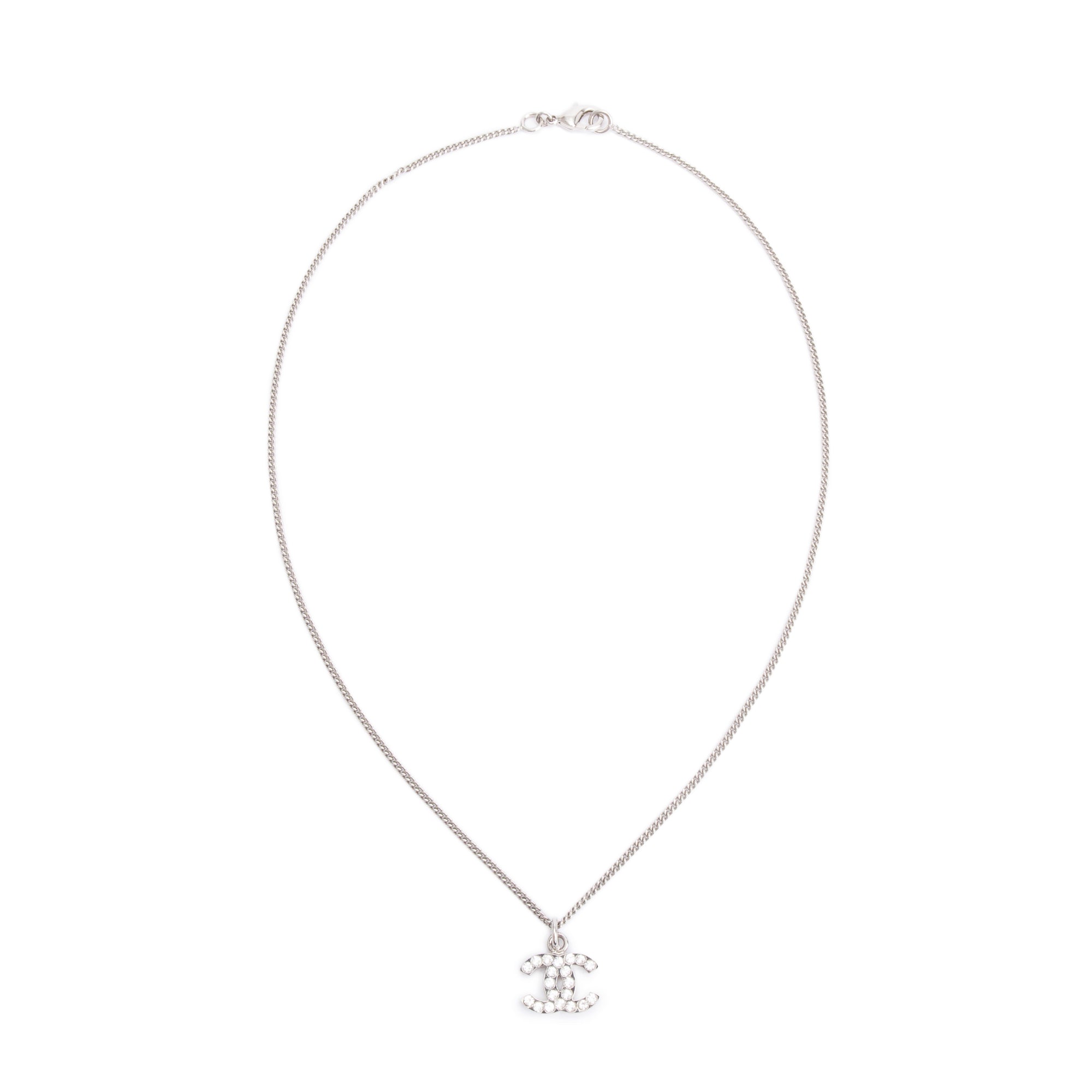 Chanel Palladium-Plated Metal Strass CC Pendant Necklace