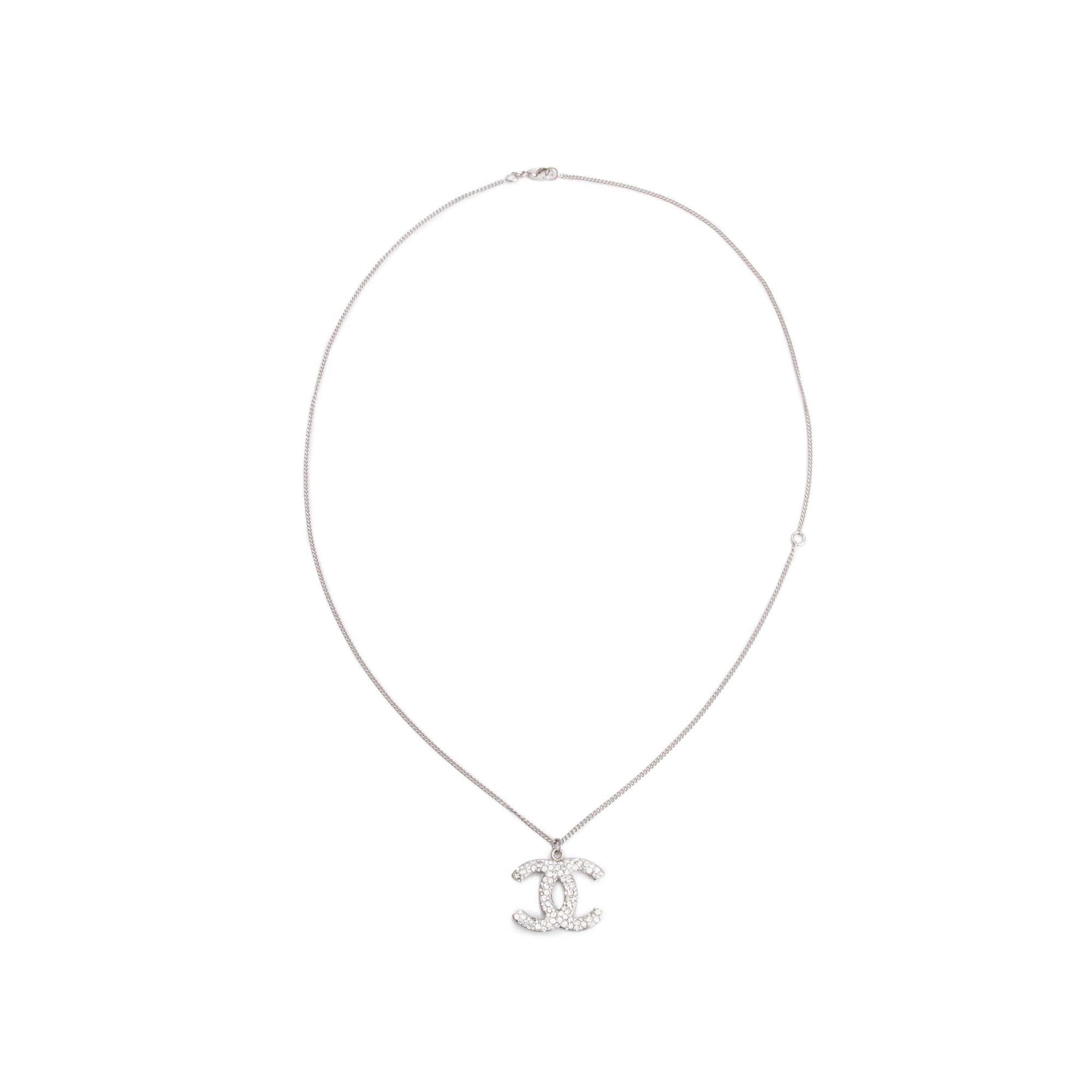 Chanel Palladium-Plated Metal Strass CC Pendant Necklace