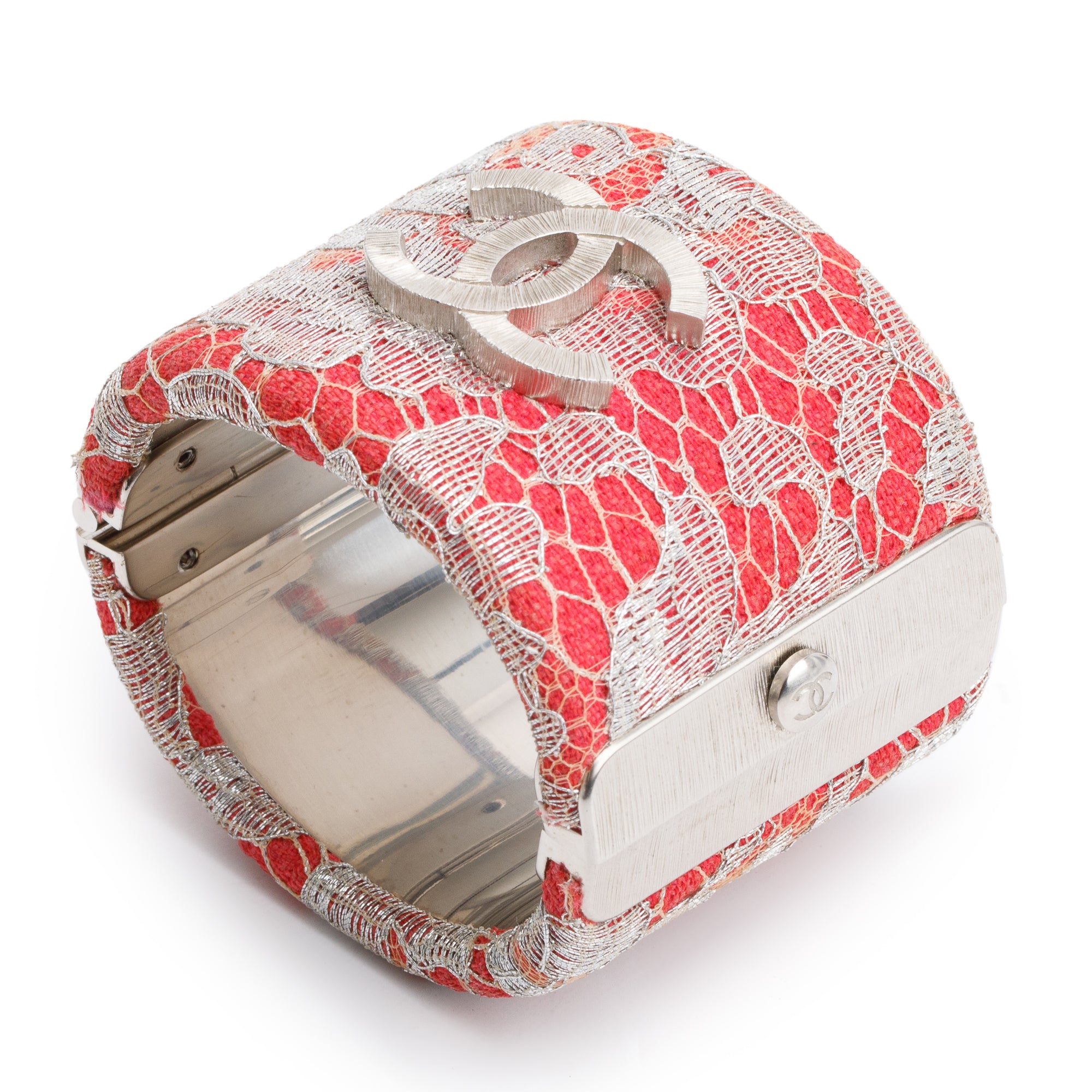 Chanel Palladium Plated Red Tweed CC Cuff Bracelet