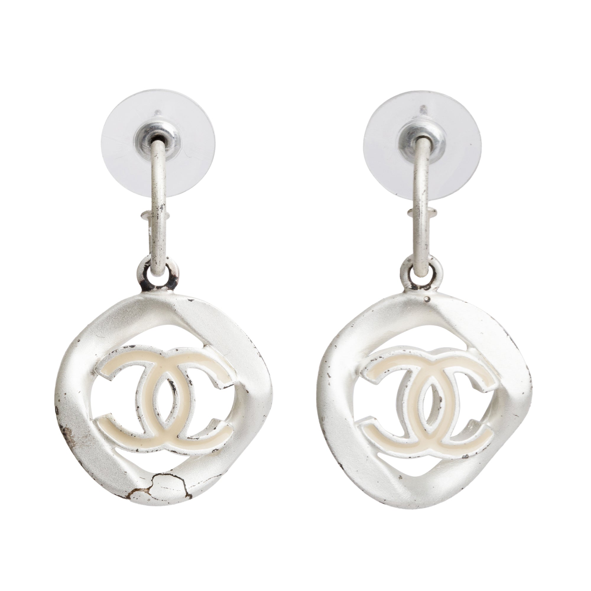 Chanel Palladium Plated Silver Enamel Round CC Drop Earrings