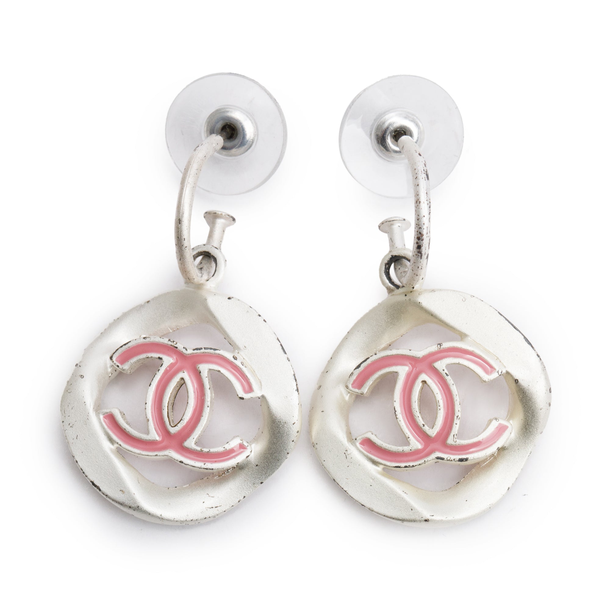 Chanel Palladium Plated Silver Pink Enamel Round CC Drop Earrings