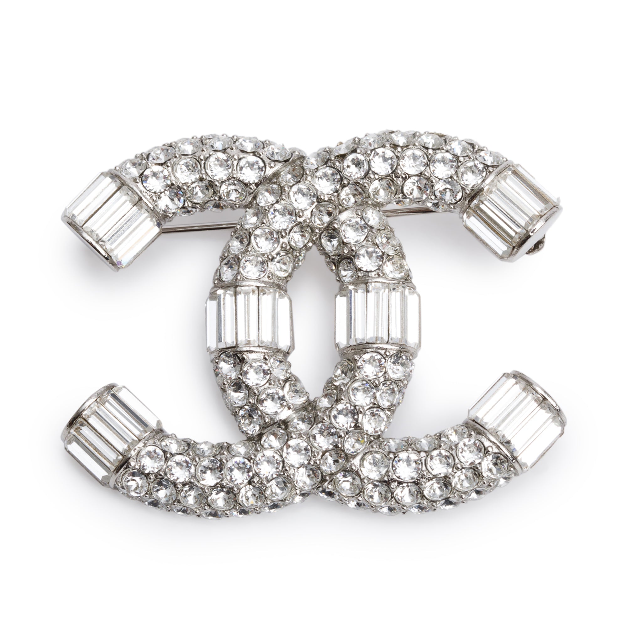 Chanel Palladium Plated Strass CC Brooch w/ Box