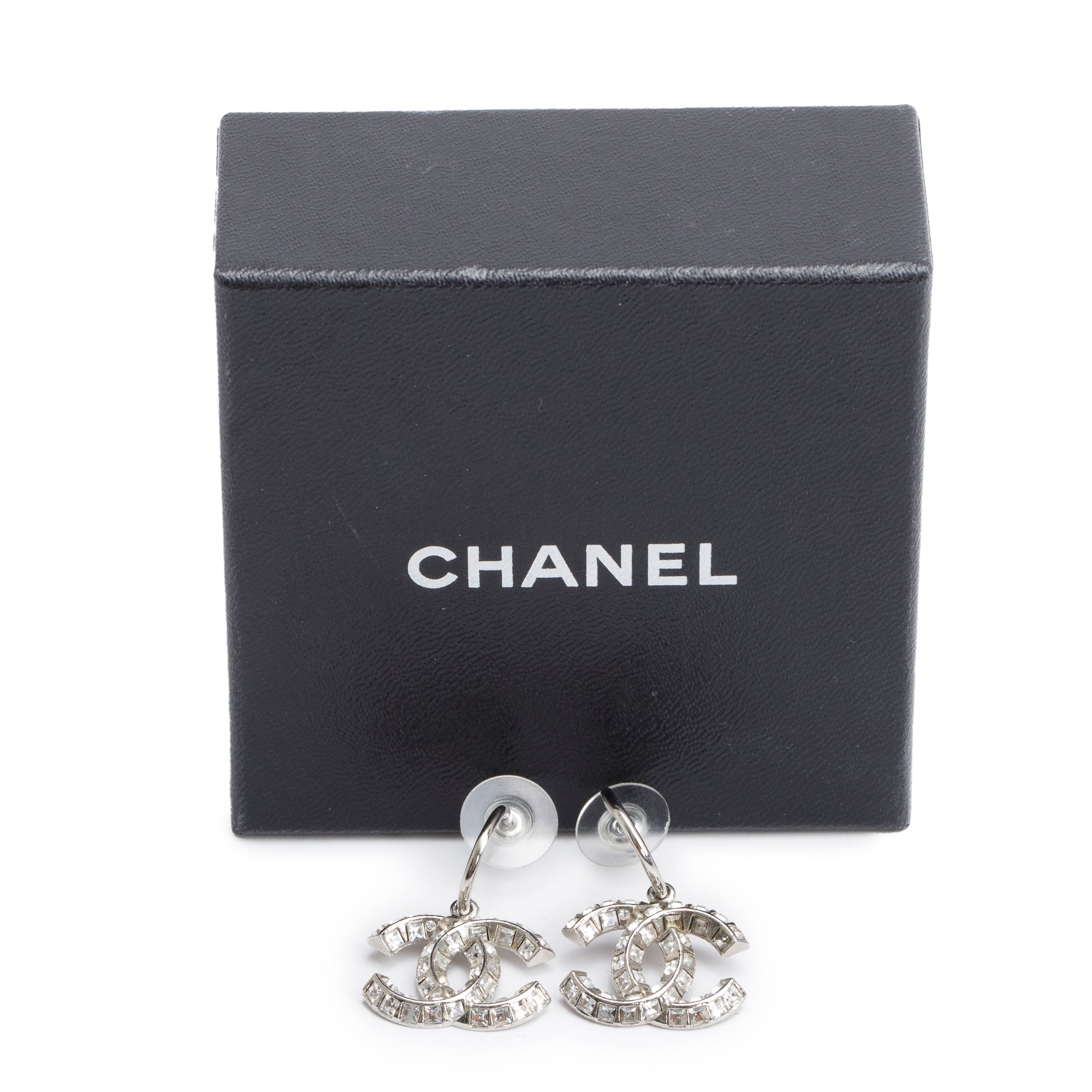 Chanel Palladium Plated Strass CC Drop Earrings w/ Box