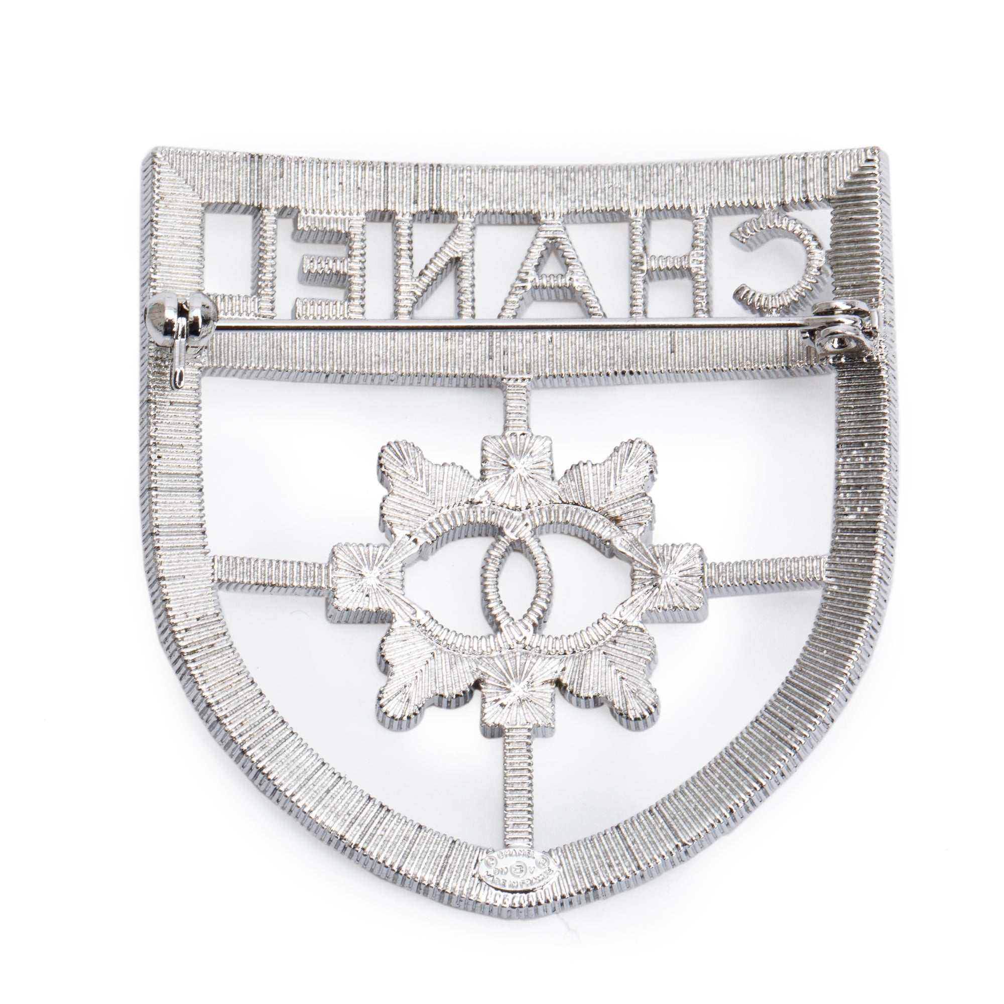 Chanel Palladium Plated Strass Logo Shield Brooch
