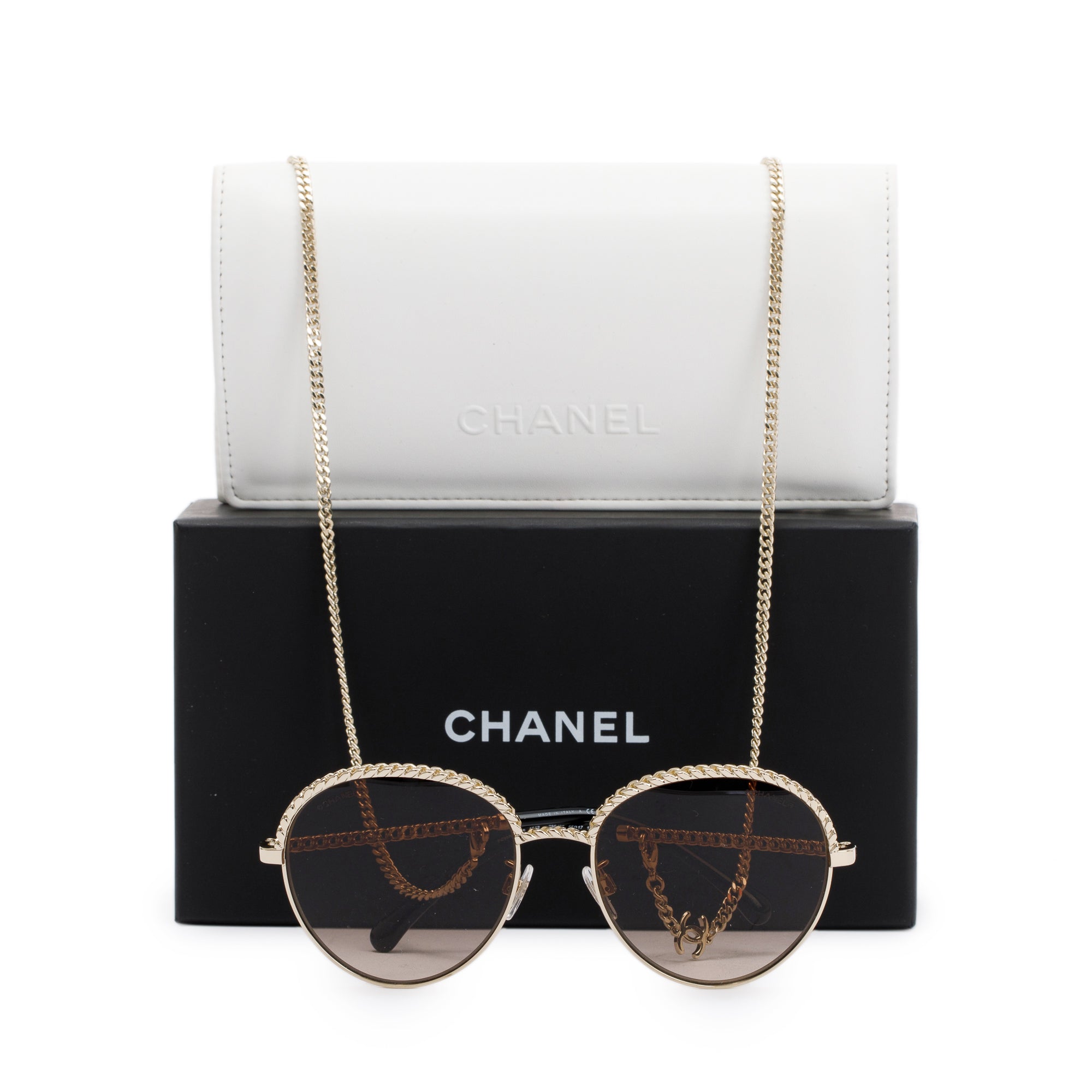 Chanel Pantos Interlocking CC Logo Removable Chain Sunglasses w/ Box
