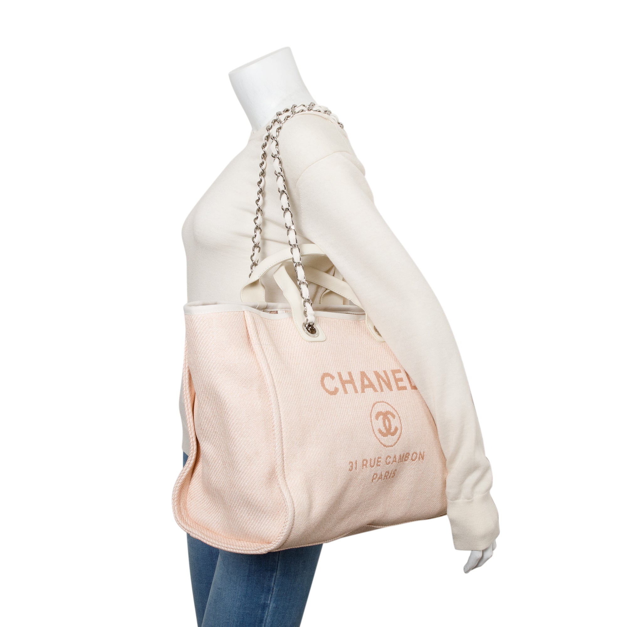 Chanel Pink Canvas White Calfskin Medium Deauville Shopping Tote w/ Box & Authenticity Card