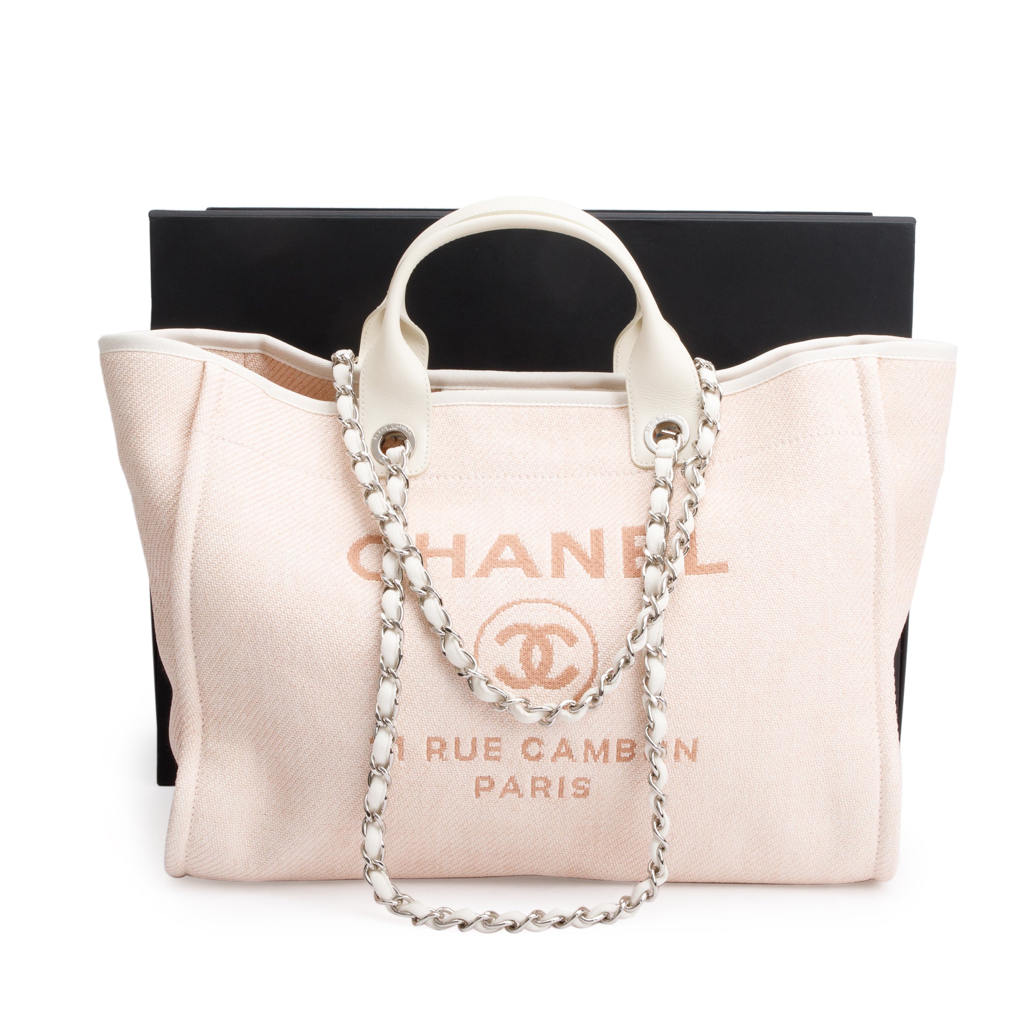 Chanel Pink Canvas White Calfskin Medium Deauville Shopping Tote w/ Box & Authenticity Card