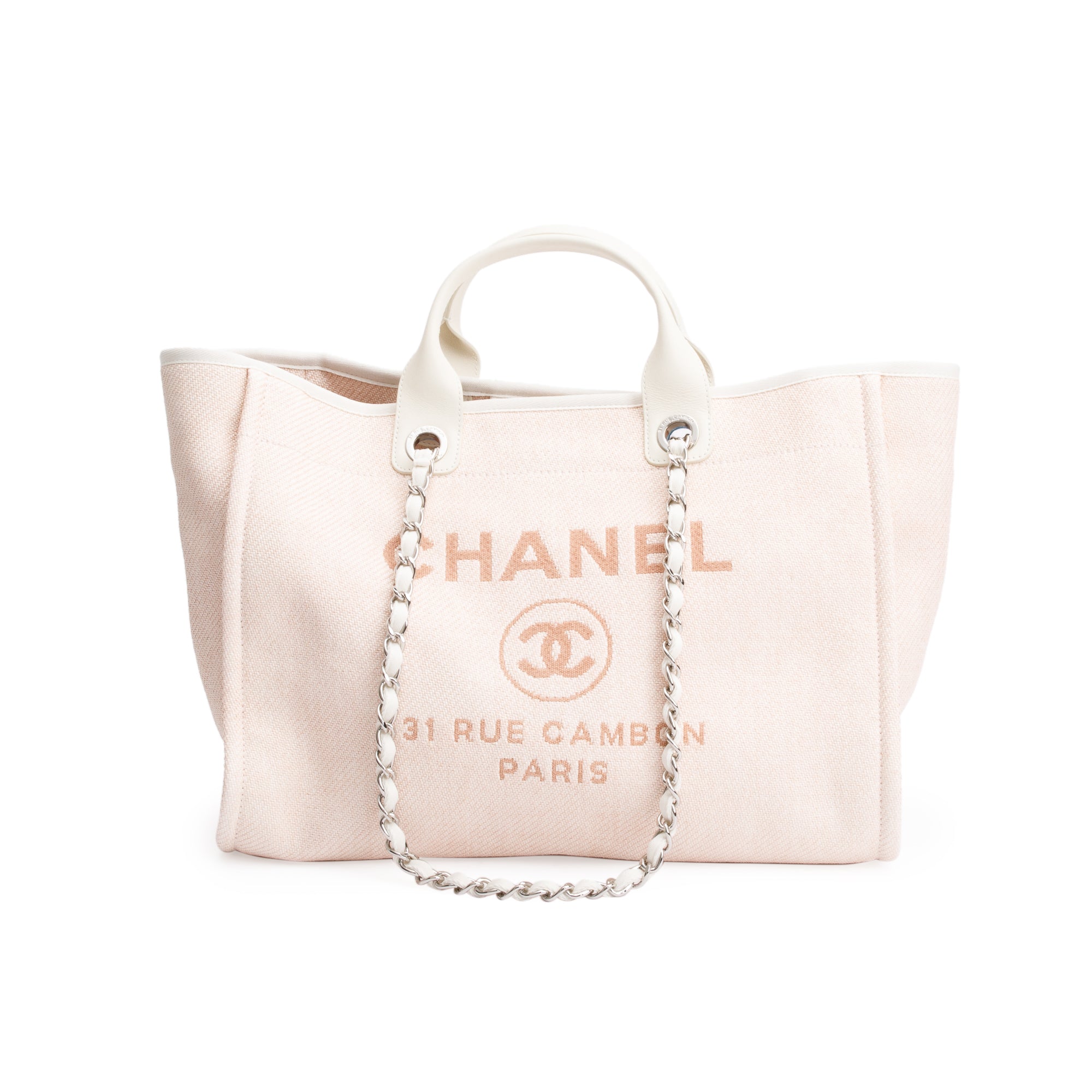 Chanel Pink Canvas White Calfskin Medium Deauville Shopping Tote w/ Box & Authenticity Card