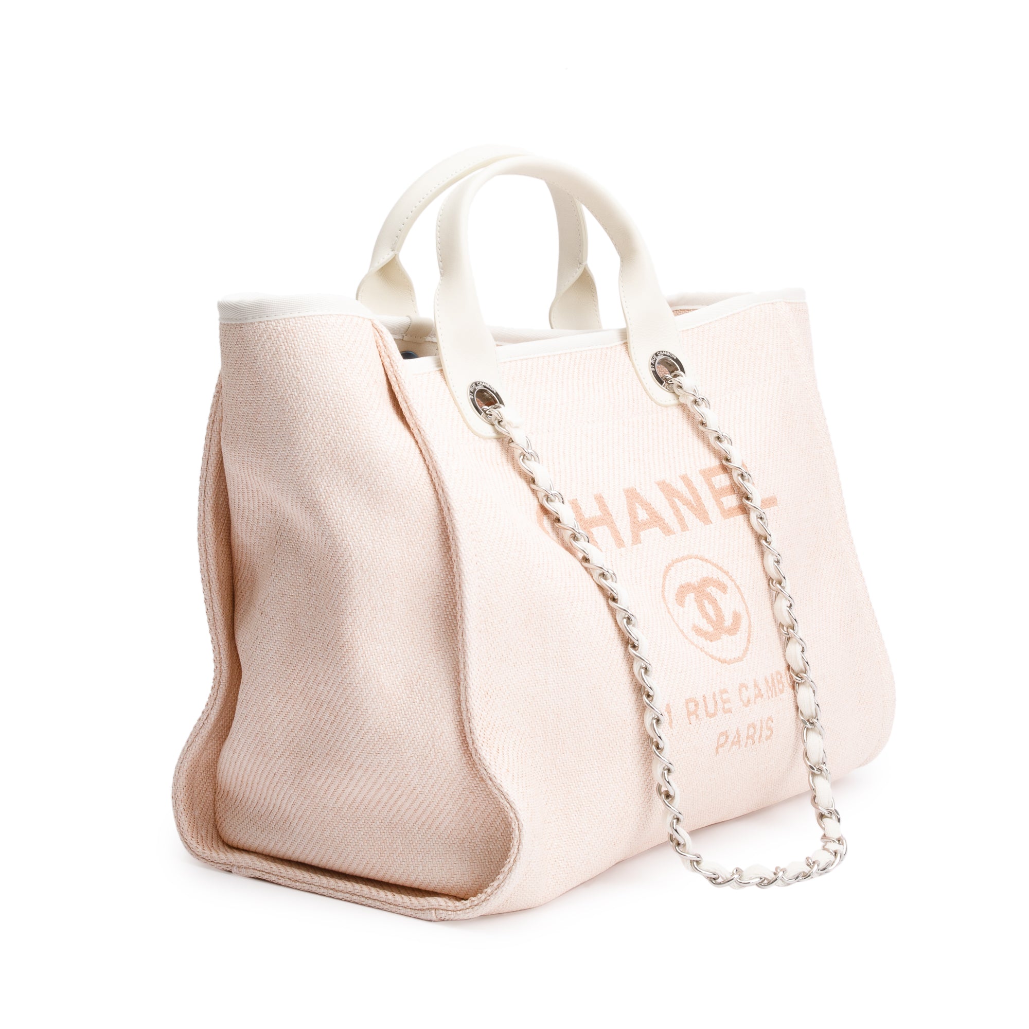 Chanel Pink Canvas White Calfskin Medium Deauville Shopping Tote w/ Box & Authenticity Card