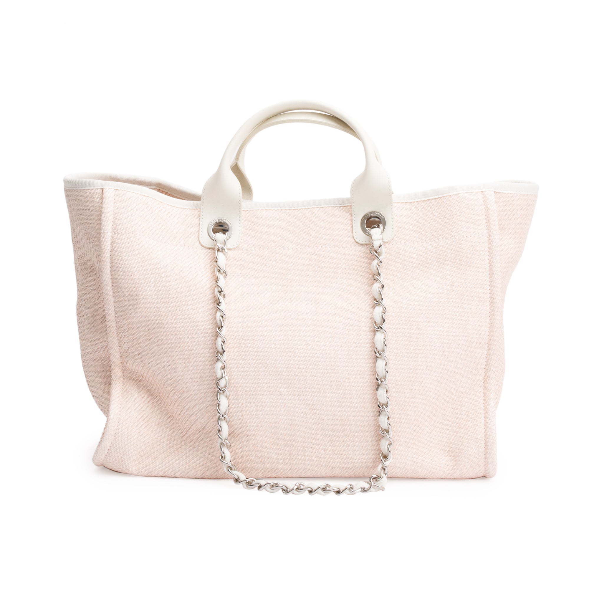 Chanel Pink Canvas White Calfskin Medium Deauville Shopping Tote w/ Box & Authenticity Card
