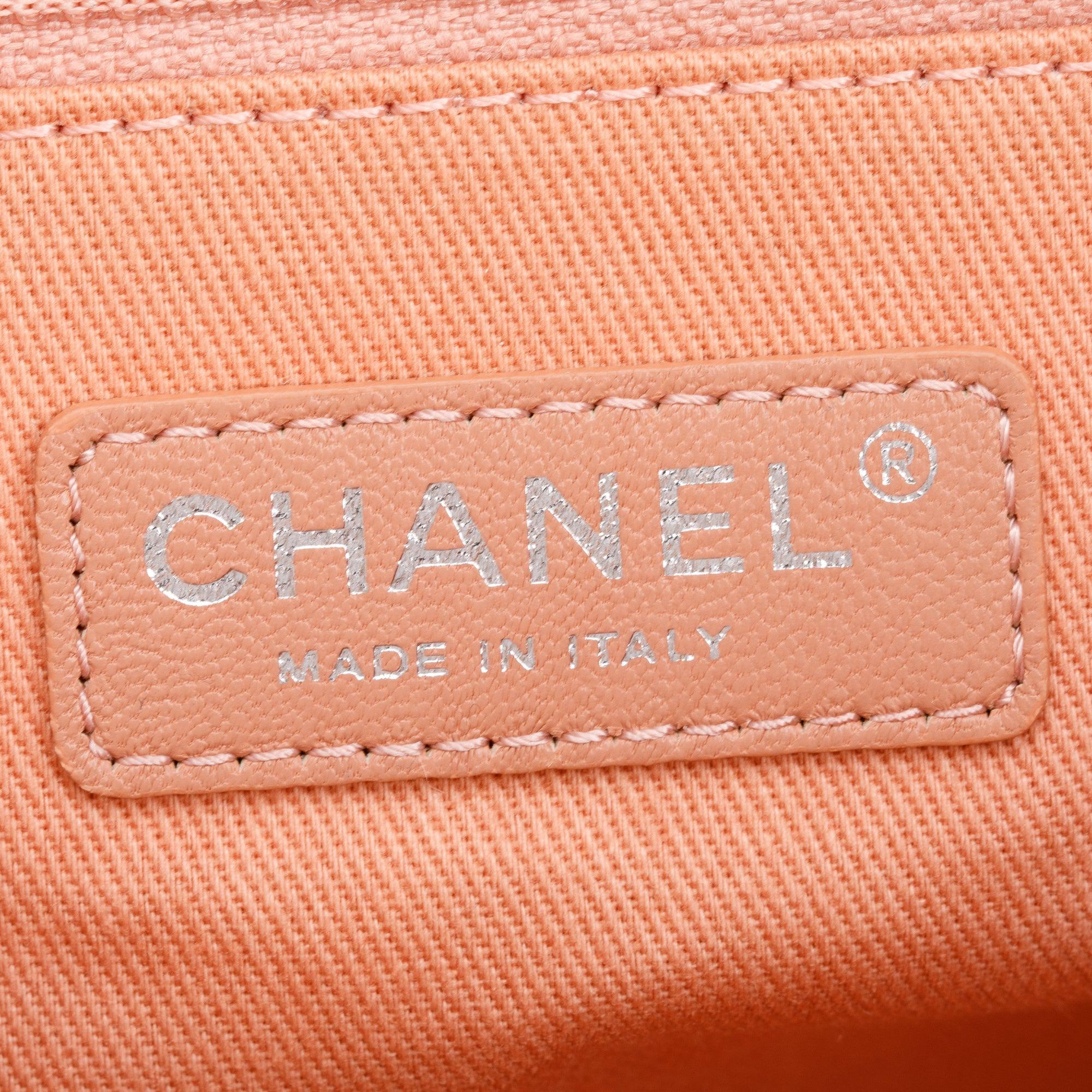 Chanel Pink Canvas White Calfskin Medium Deauville Shopping Tote w/ Box & Authenticity Card