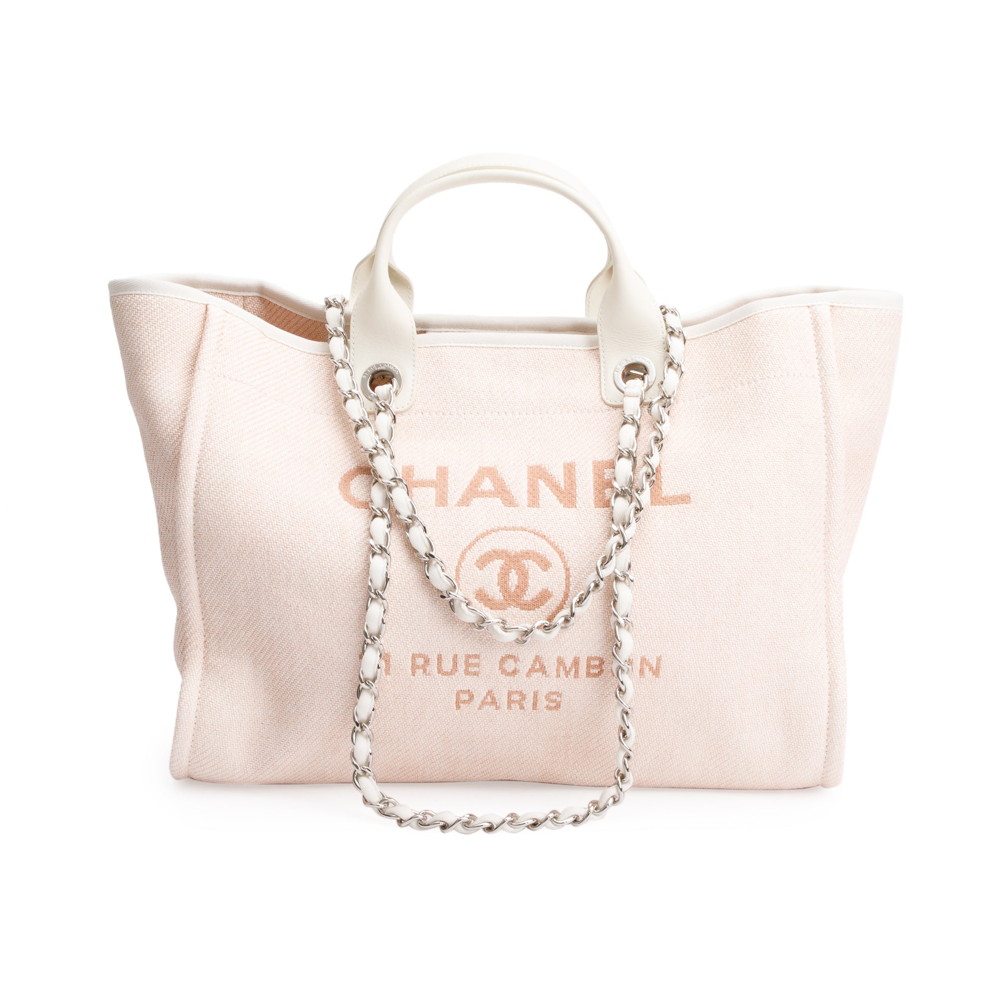 Chanel Pink Canvas White Calfskin Medium Deauville Shopping Tote w/ Box & Authenticity Card
