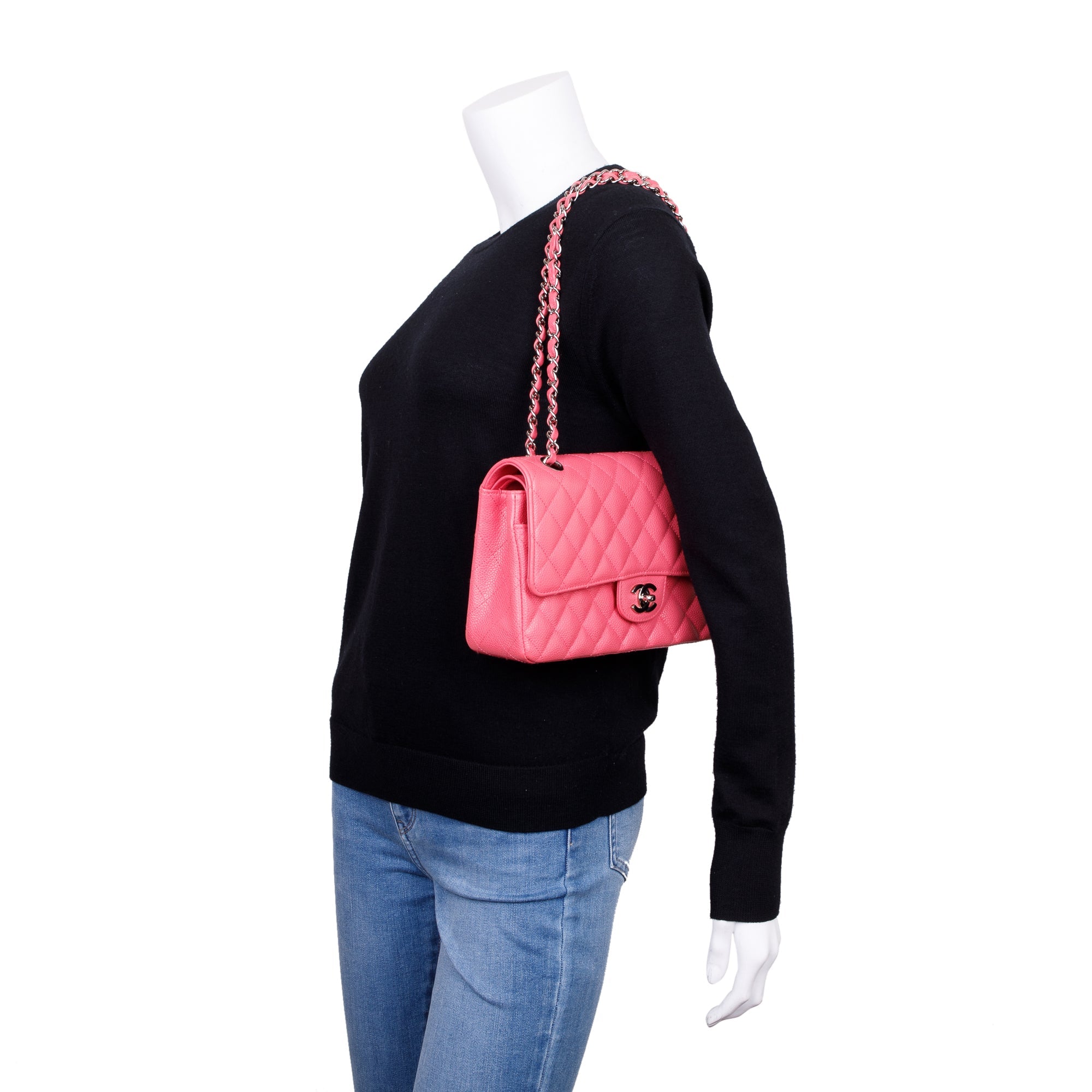 Chanel Pink Caviar Leather Classic Medium Double Flap Bag w/ Authenticity Card