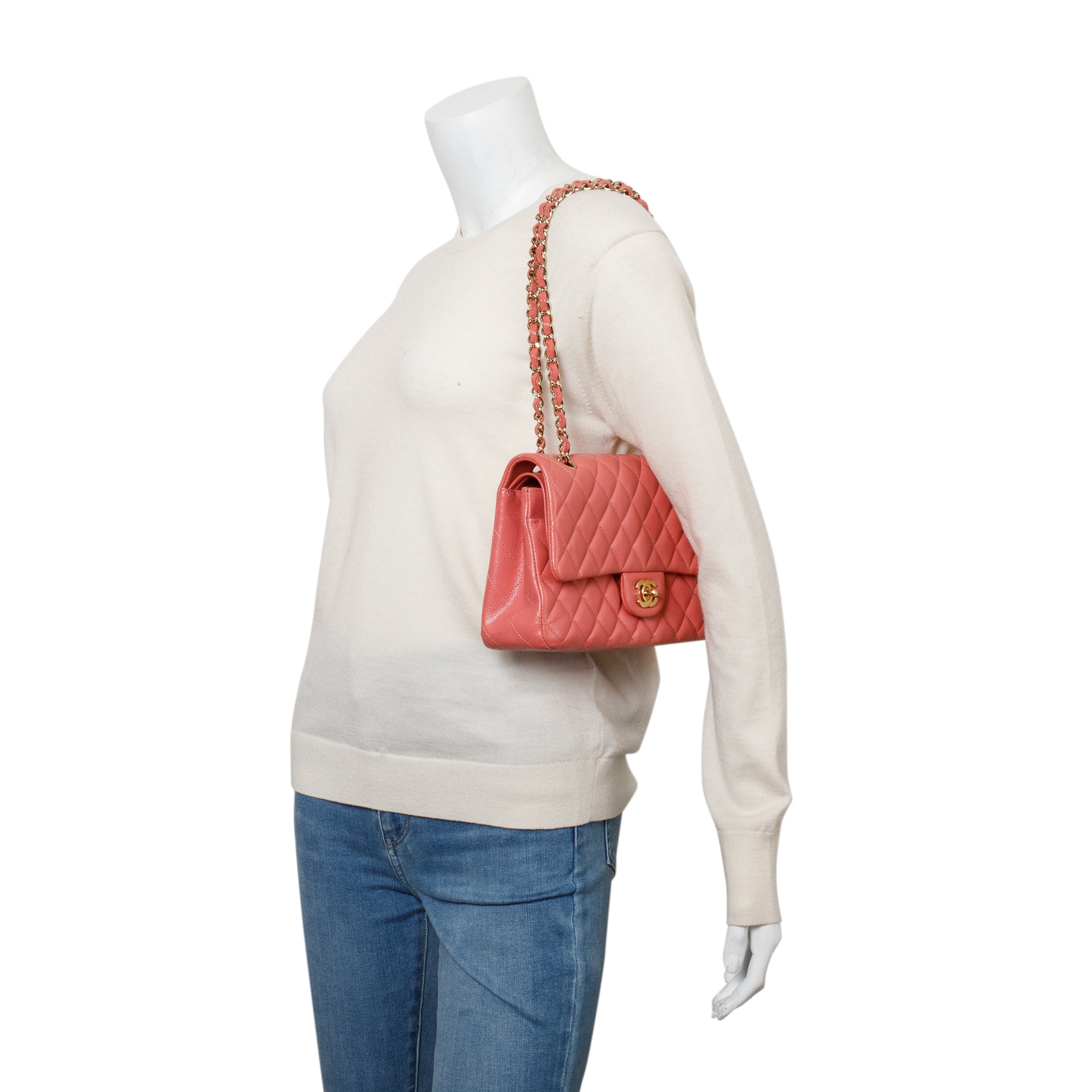 Chanel Pink Caviar Leather Classic Medium Double Flap Bag w/ Authenticity Card