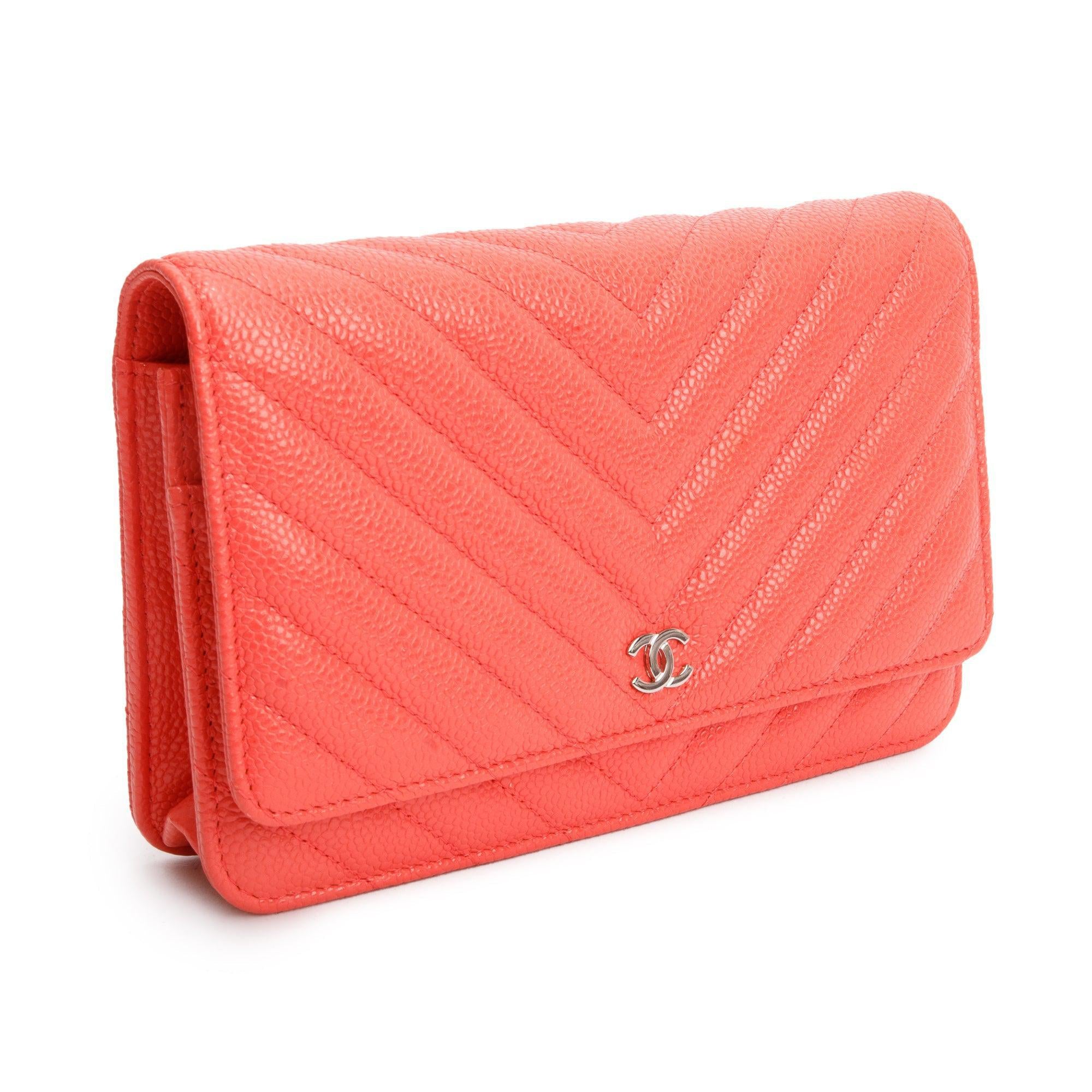 Chanel Pink Chevron Caviar Leather Classic Wallet on Chain w/ Box & Authenticity Card