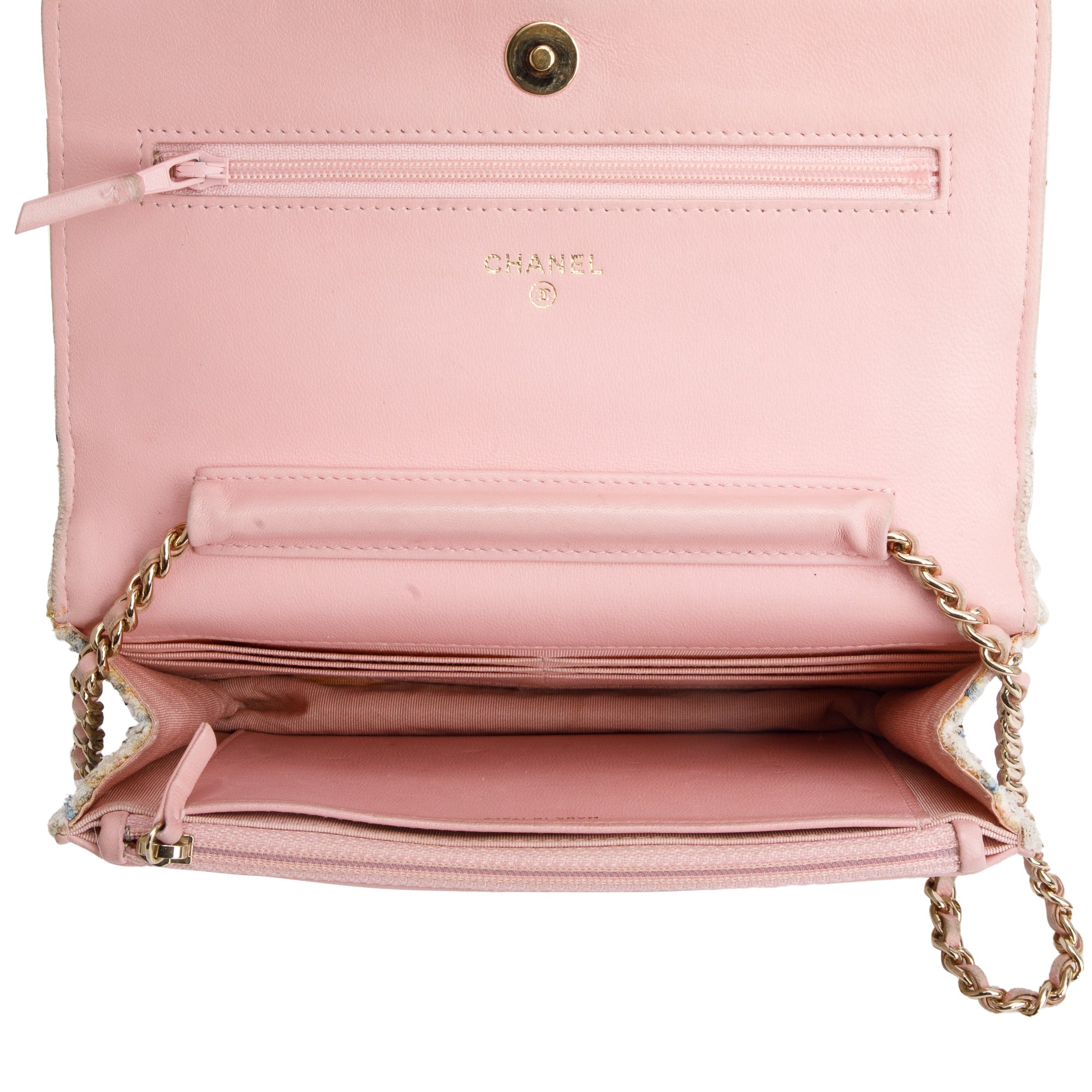 Chanel Pink Multicolor Tweed Classic Wallet On Chain w/ Authenticity Card