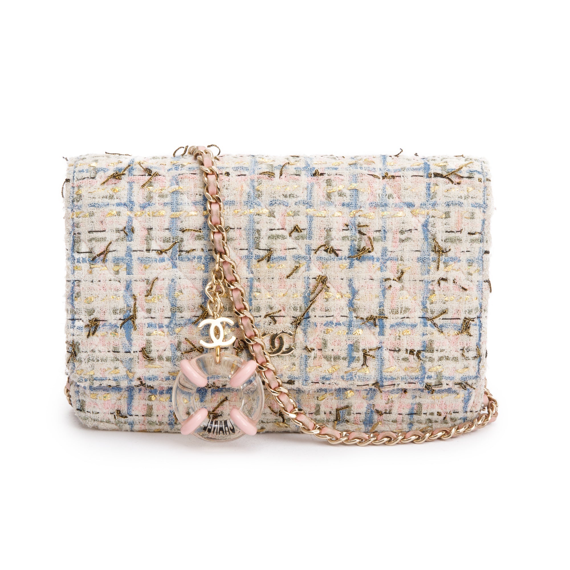 Chanel Pink Multicolor Tweed Classic Wallet On Chain w/ Authenticity Card