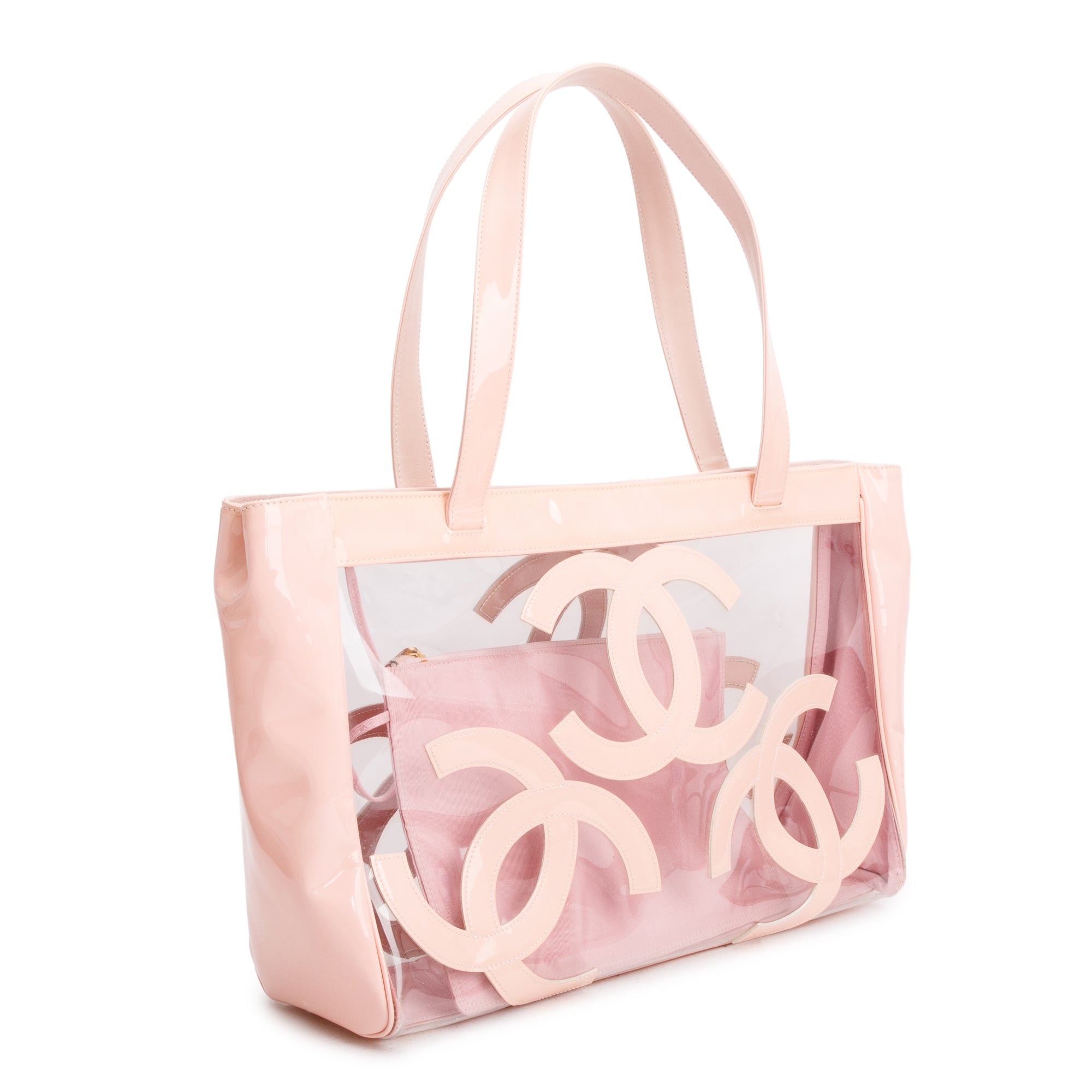 Chanel Pink Patent Leather Transparent PVC Triple CC Logo Tote
