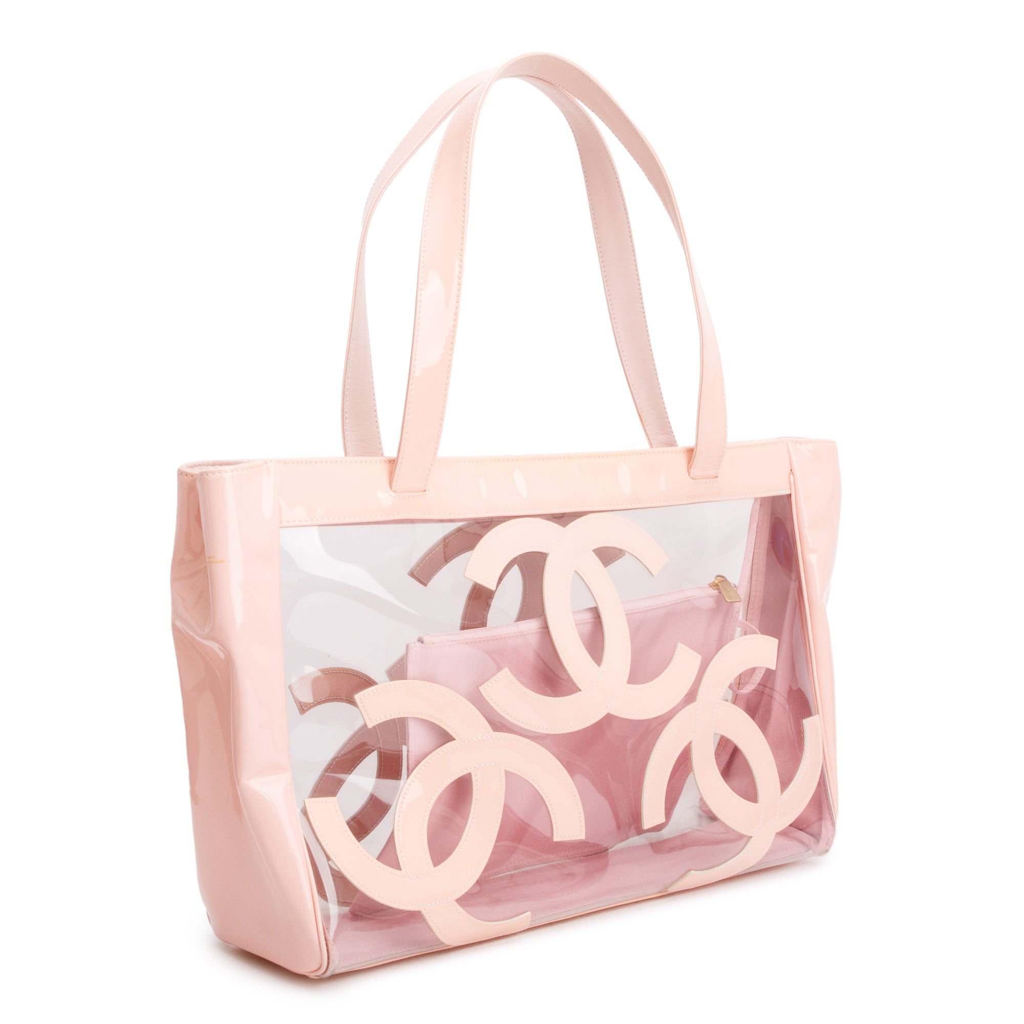 Chanel Pink Patent Leather Transparent PVC Triple CC Logo Tote