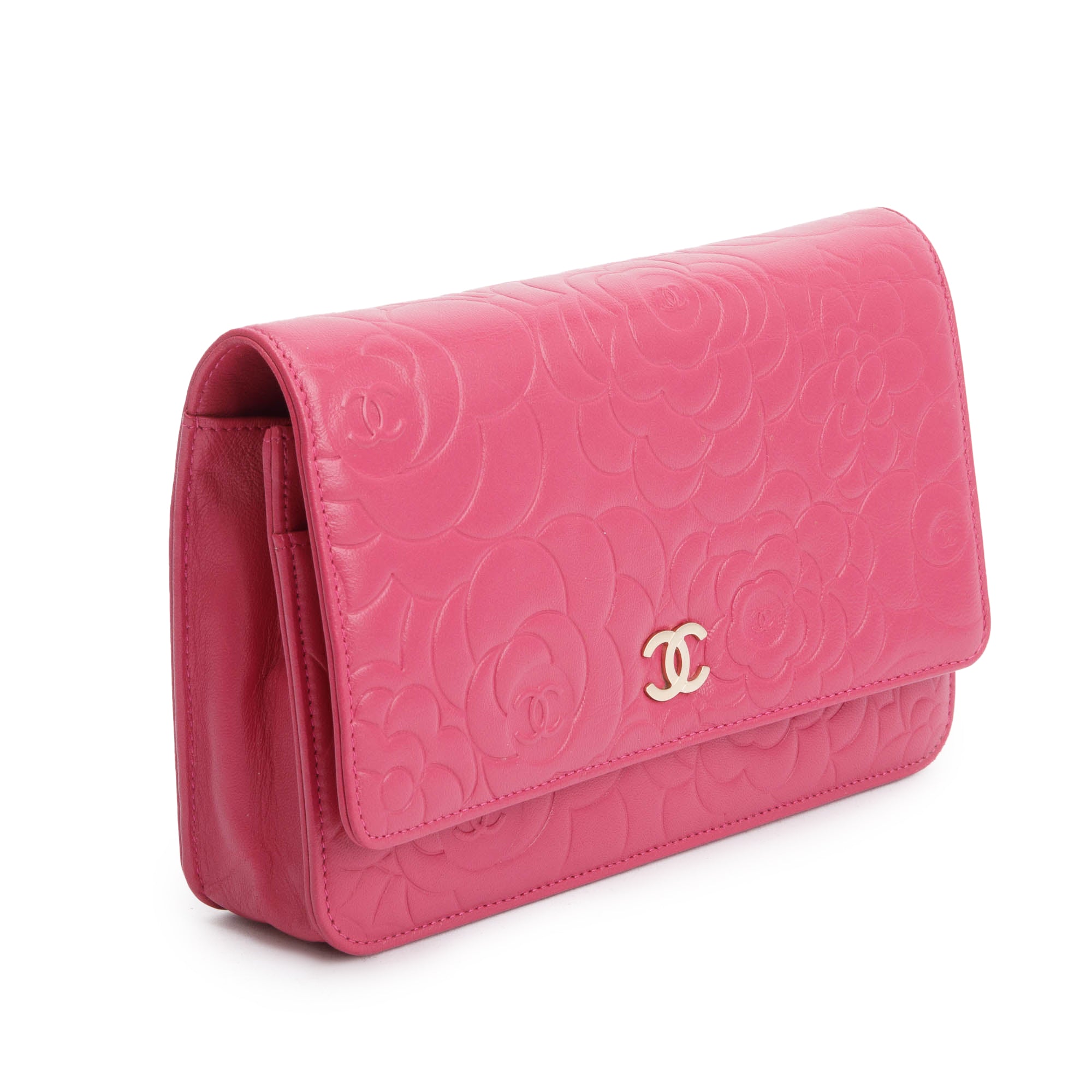 Chanel Pink Quilted Lambskin Leather Camellia Classic Wallet on Chain w/ Box & Authenticity Card