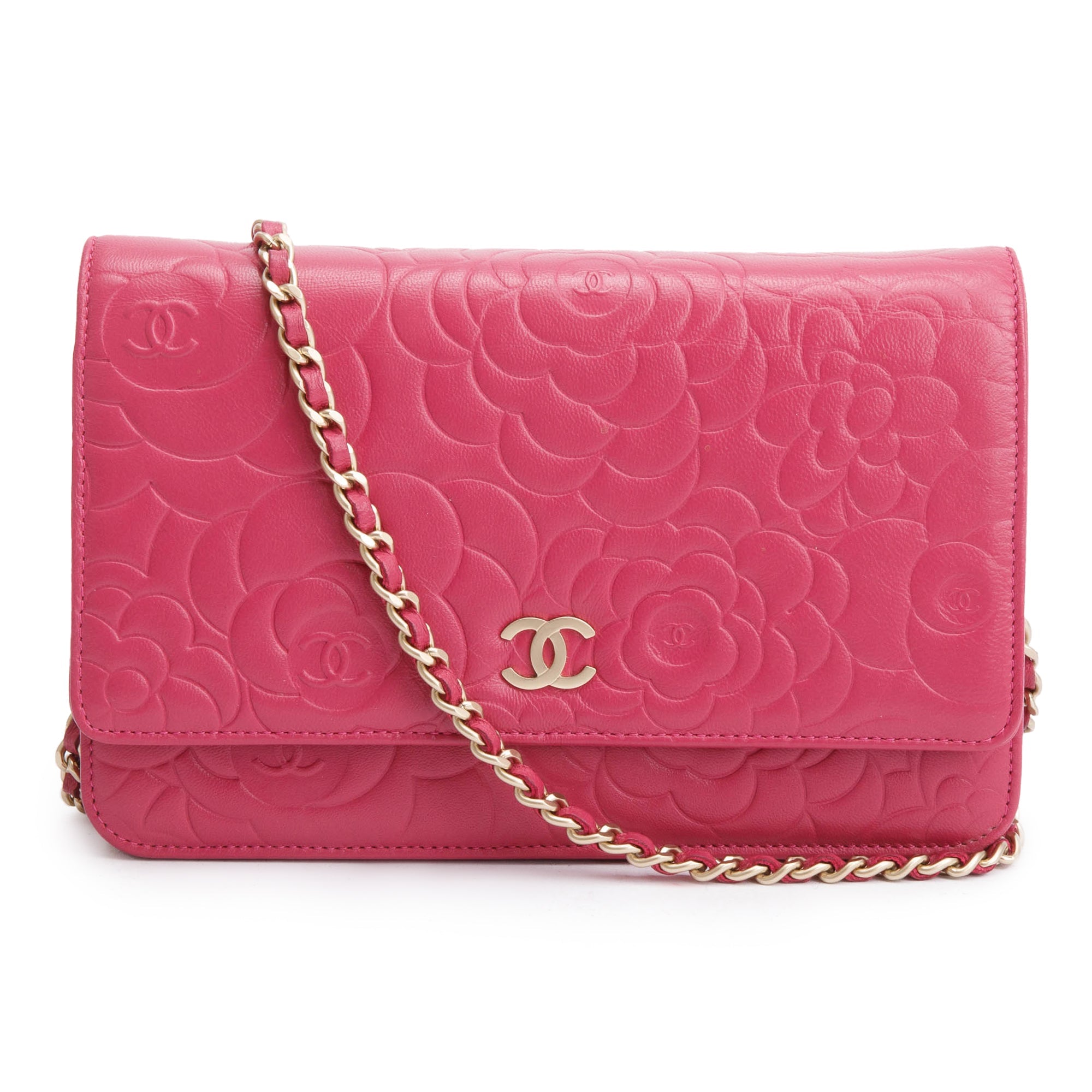 Chanel Pink Quilted Lambskin Leather Camellia Classic Wallet on Chain w/ Box & Authenticity Card