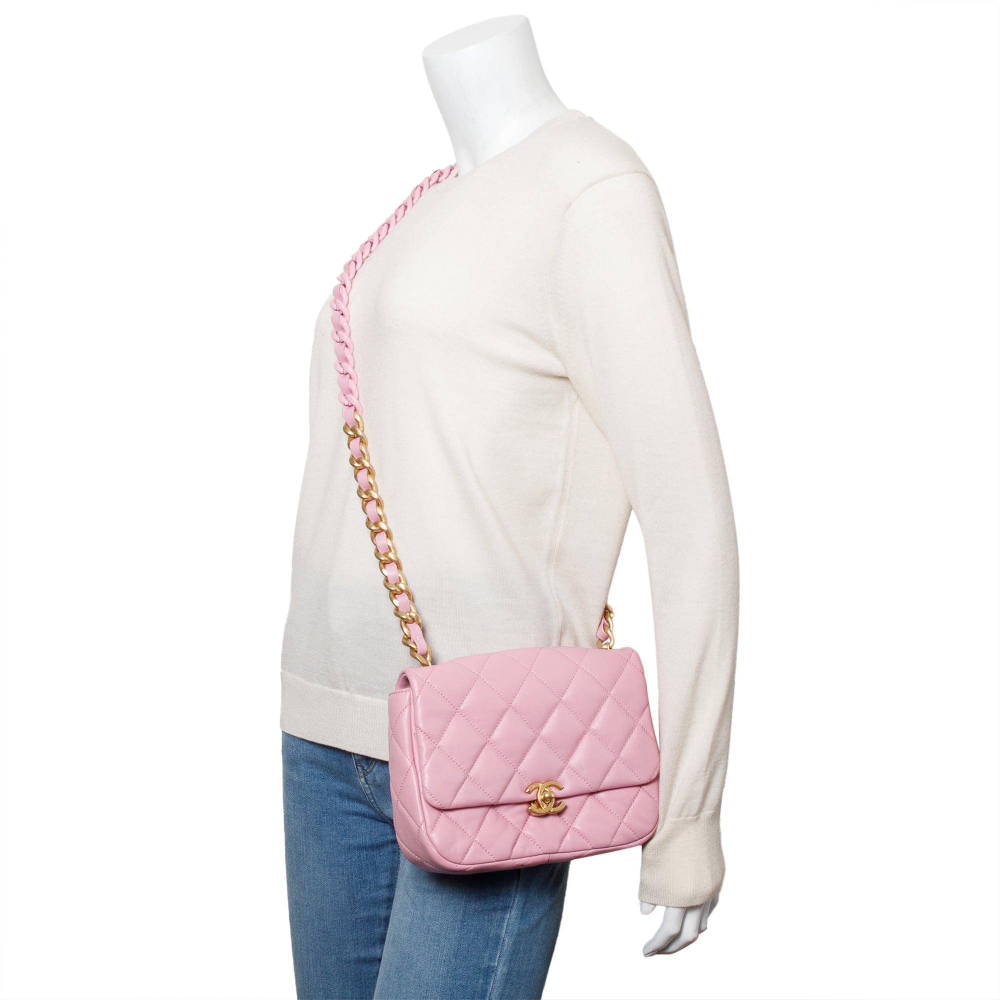Chanel Pink Quilted Lambskin Leather Small Lacquered Chain Flap Bag
