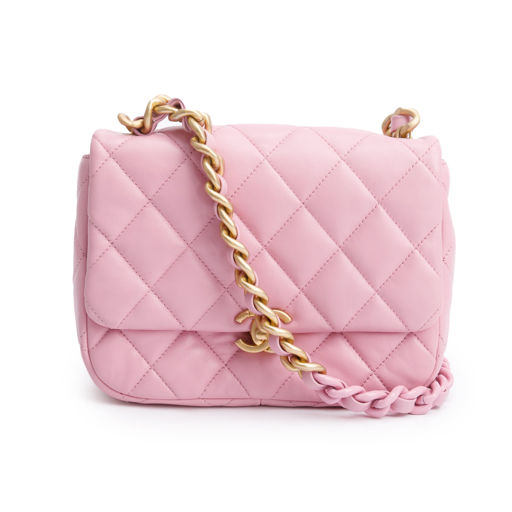 Chanel Pink Quilted Lambskin Leather Small Lacquered Chain Flap Bag
