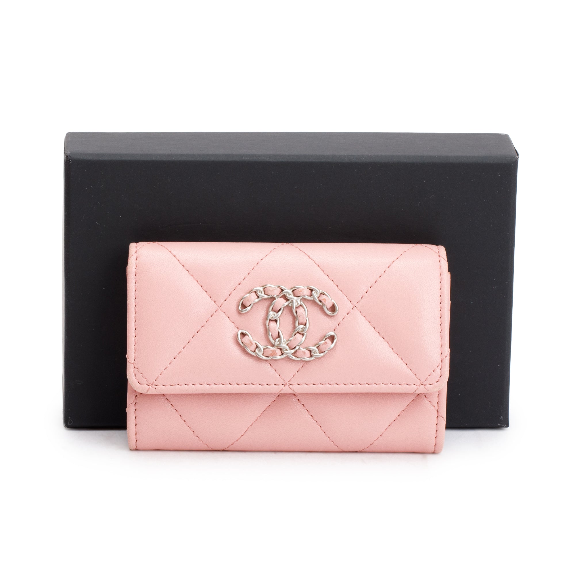 Chanel Pink Quilted Leather 19 Flap Card Holder w/ Box