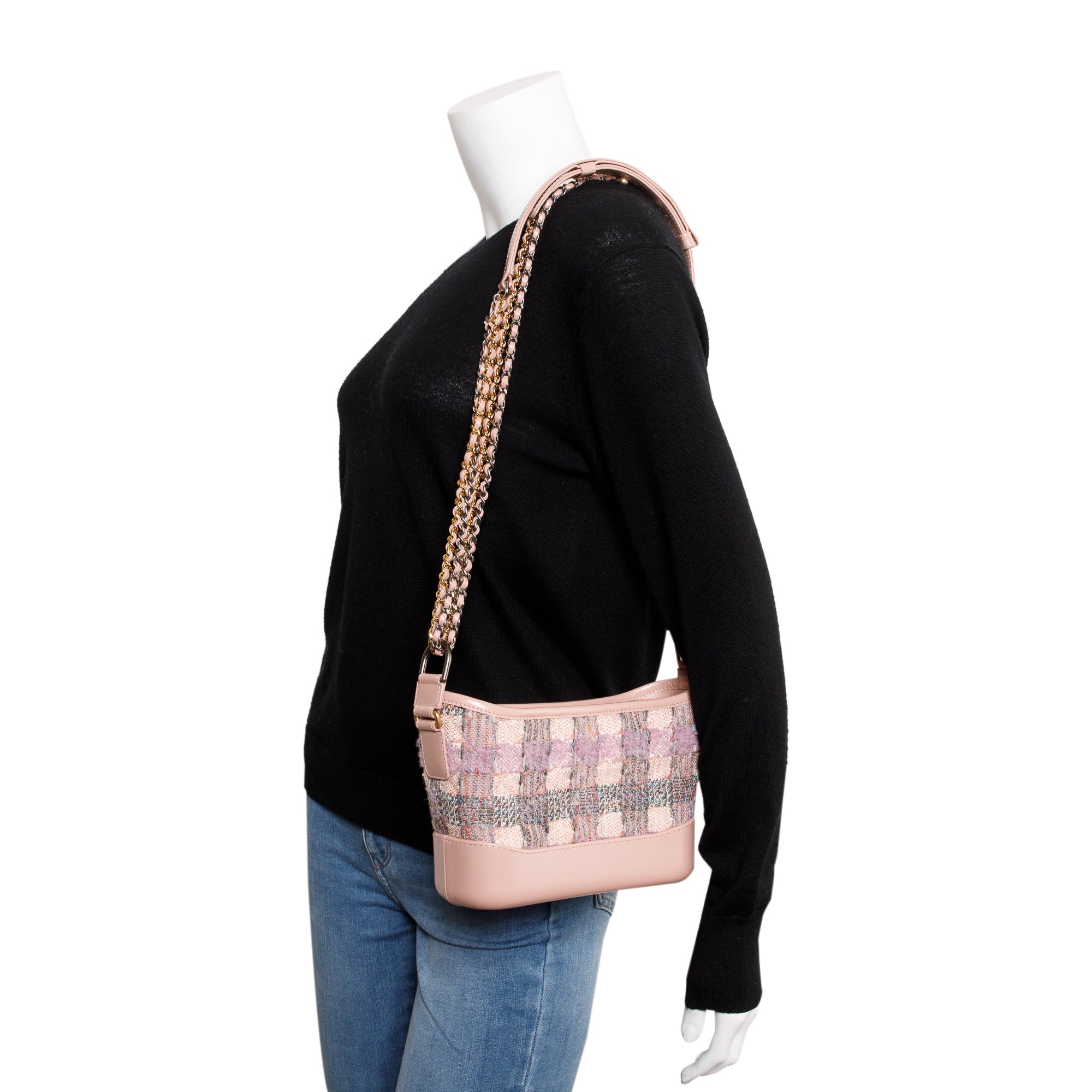 Chanel Pink Tweed Calfskin Leather Small Gabrielle Hobo w/ Authenticity Card