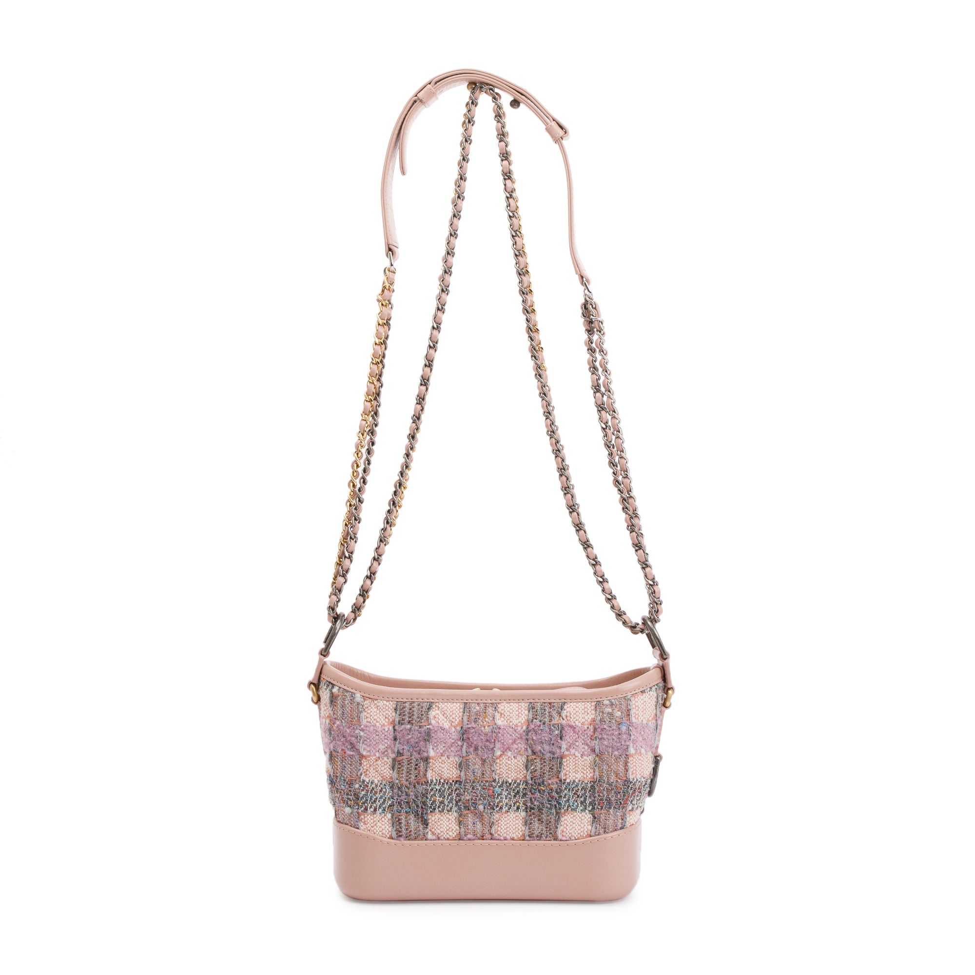 Chanel Pink Tweed Calfskin Leather Small Gabrielle Hobo w/ Authenticity Card