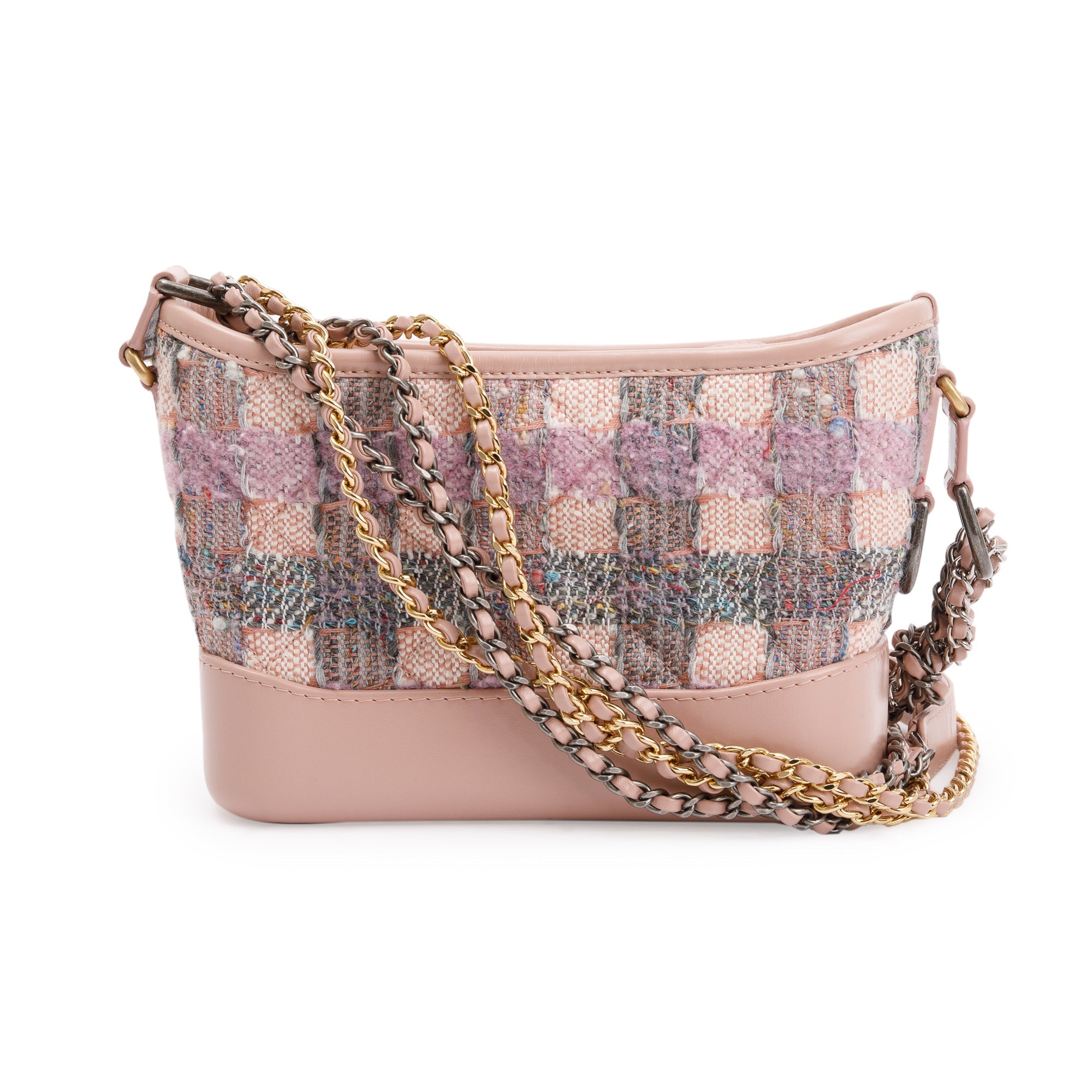 Chanel Pink Tweed Calfskin Leather Small Gabrielle Hobo w/ Authenticity Card