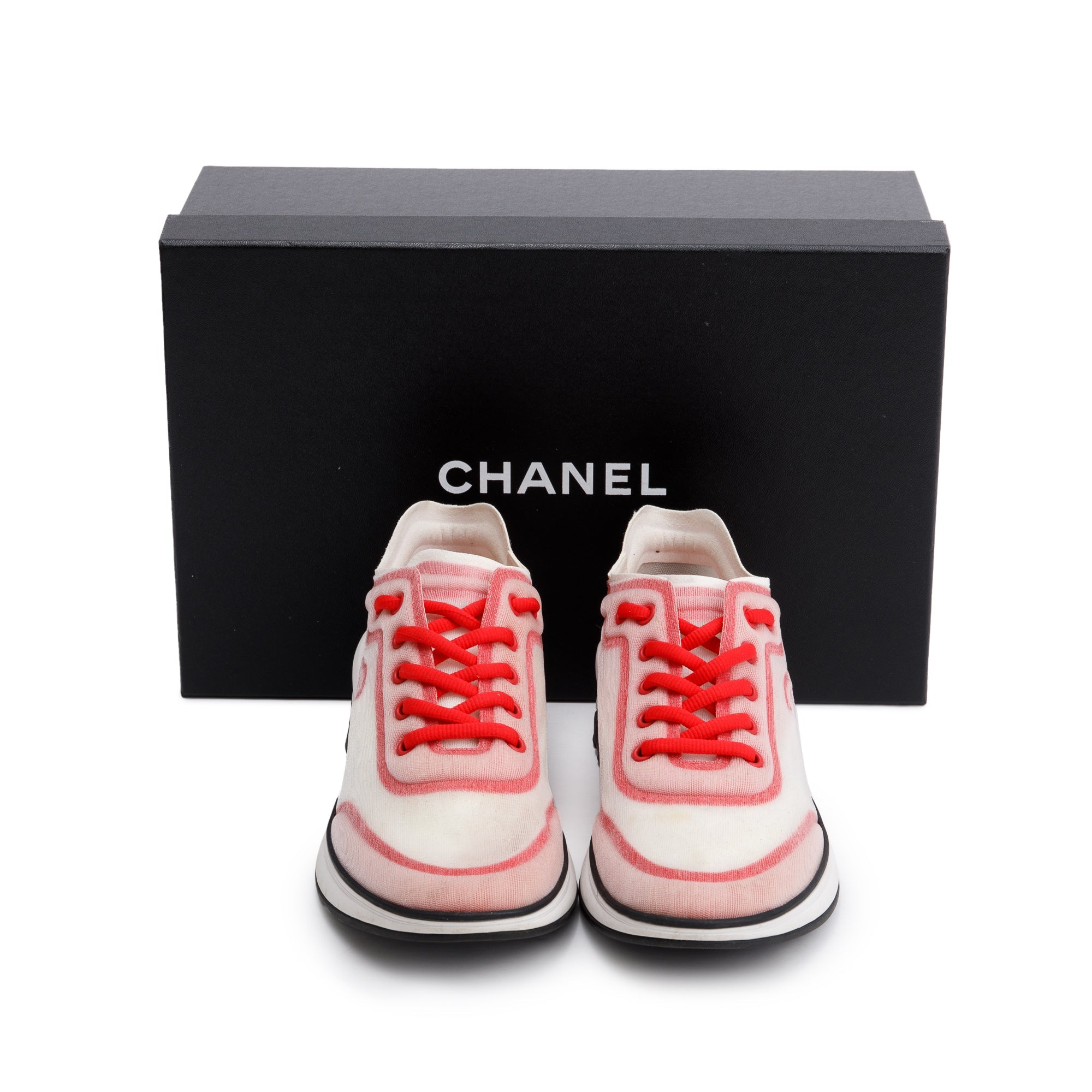 Chanel Pink/White Lycra Fabric CC Logo Sneakers, Size 39 w/ Box