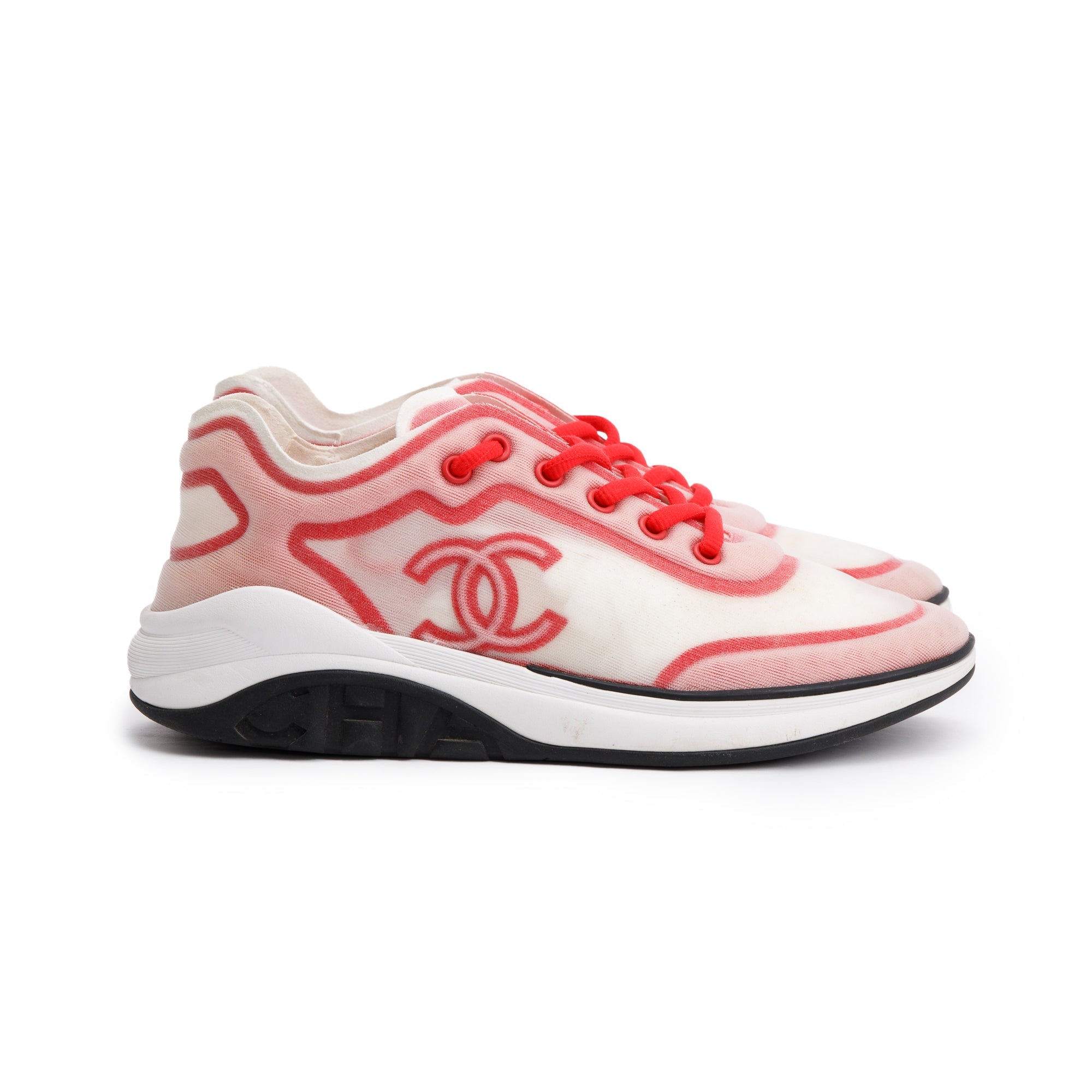 Chanel Pink/White Lycra Fabric CC Logo Sneakers, Size 39 w/ Box