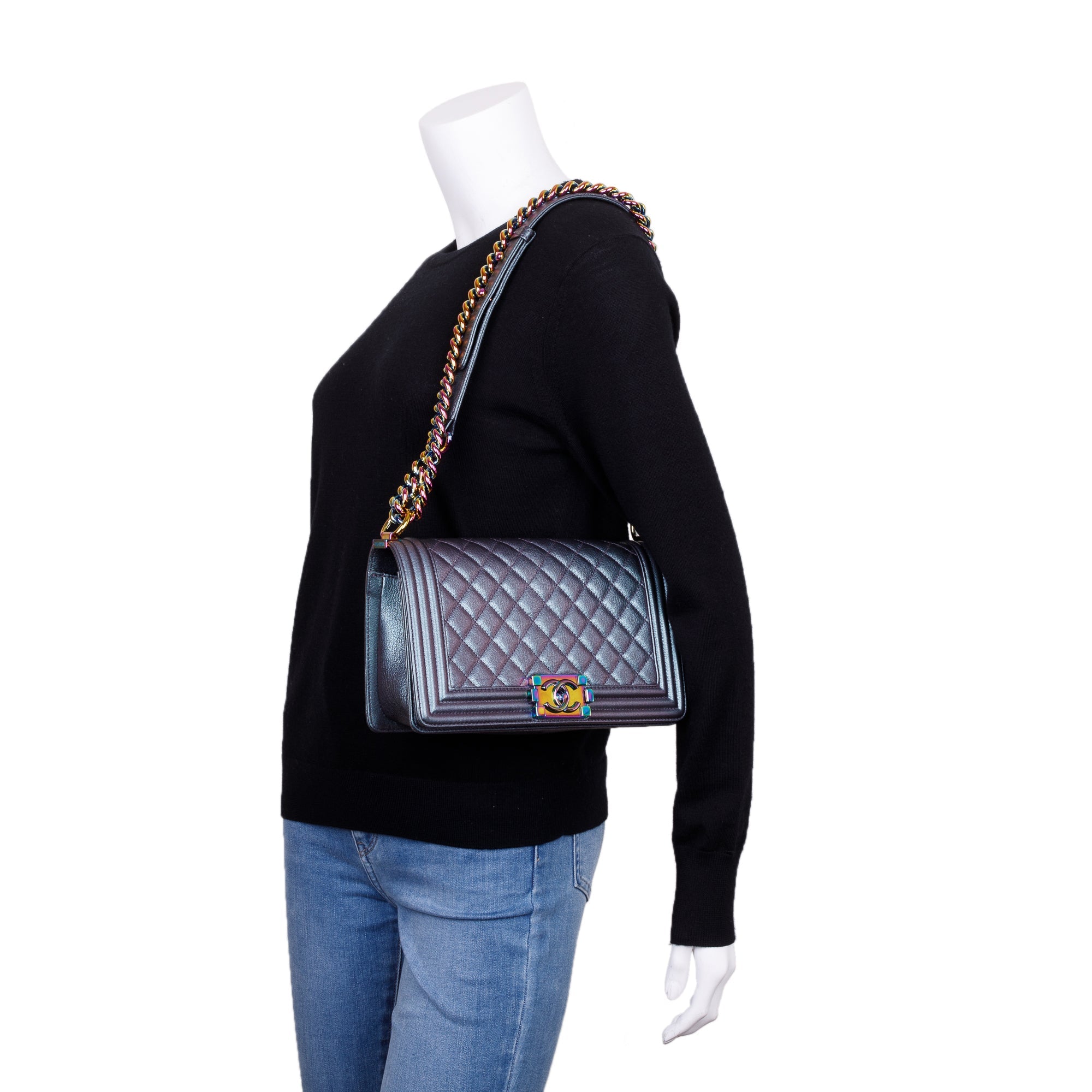 Chanel Purple Iridescent Quilted Calfskin Leather Medium Boy Bag w/ Box, Receipt & Authenticity Card