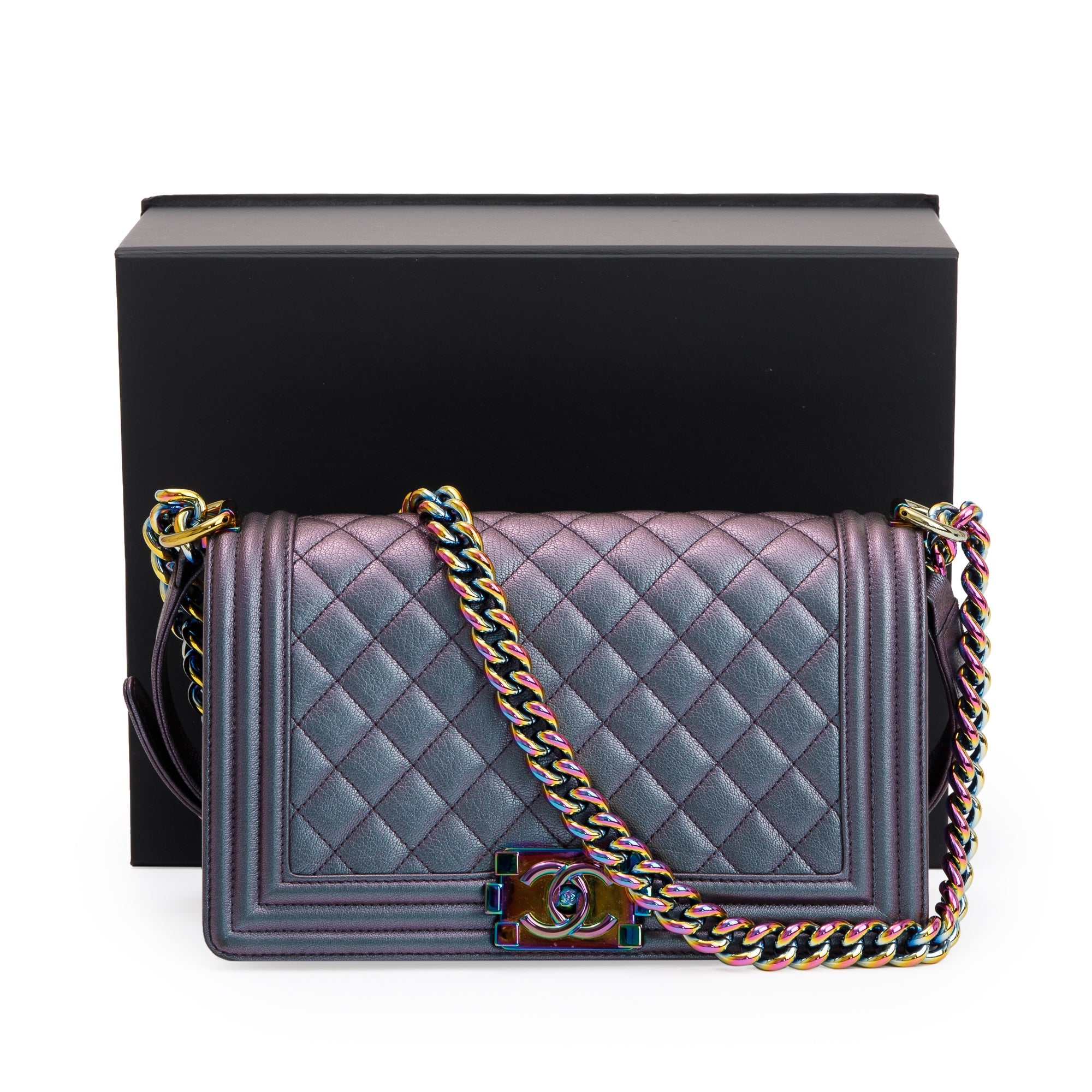 Chanel Purple Iridescent Quilted Calfskin Leather Medium Boy Bag w/ Box, Receipt & Authenticity Card