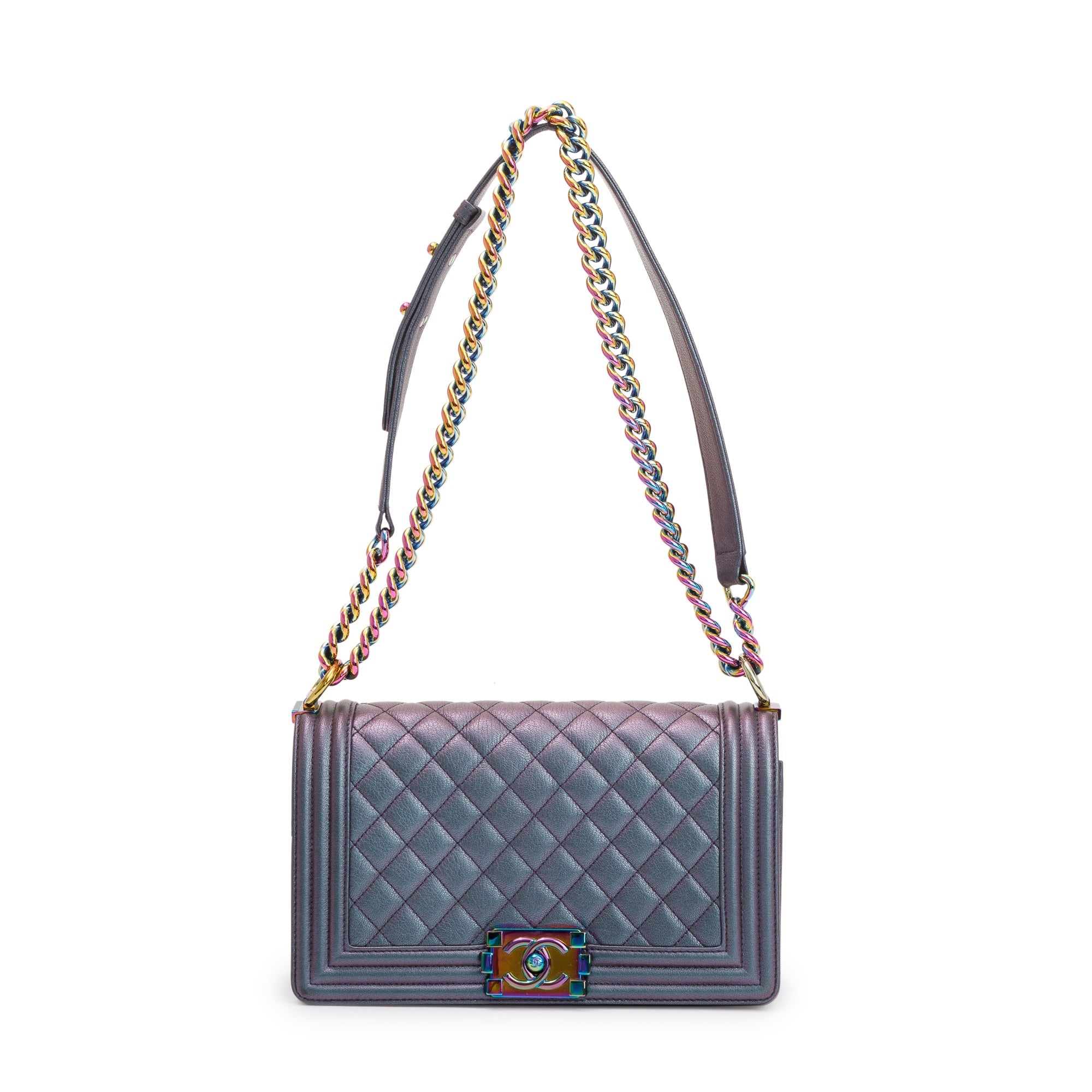 Chanel Purple Iridescent Quilted Calfskin Leather Medium Boy Bag w/ Box, Receipt & Authenticity Card