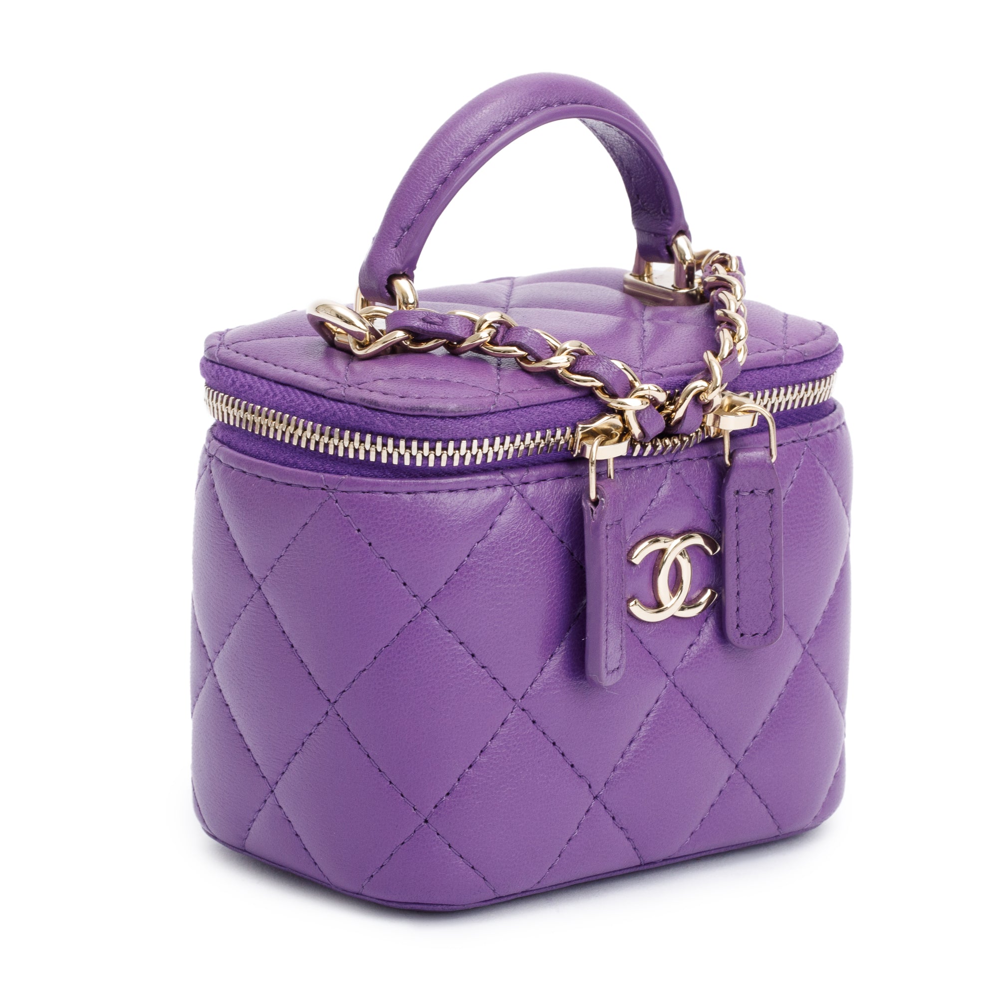Chanel Purple Lambskin Leather Mini Top Handle Vanity Case w/ Chain