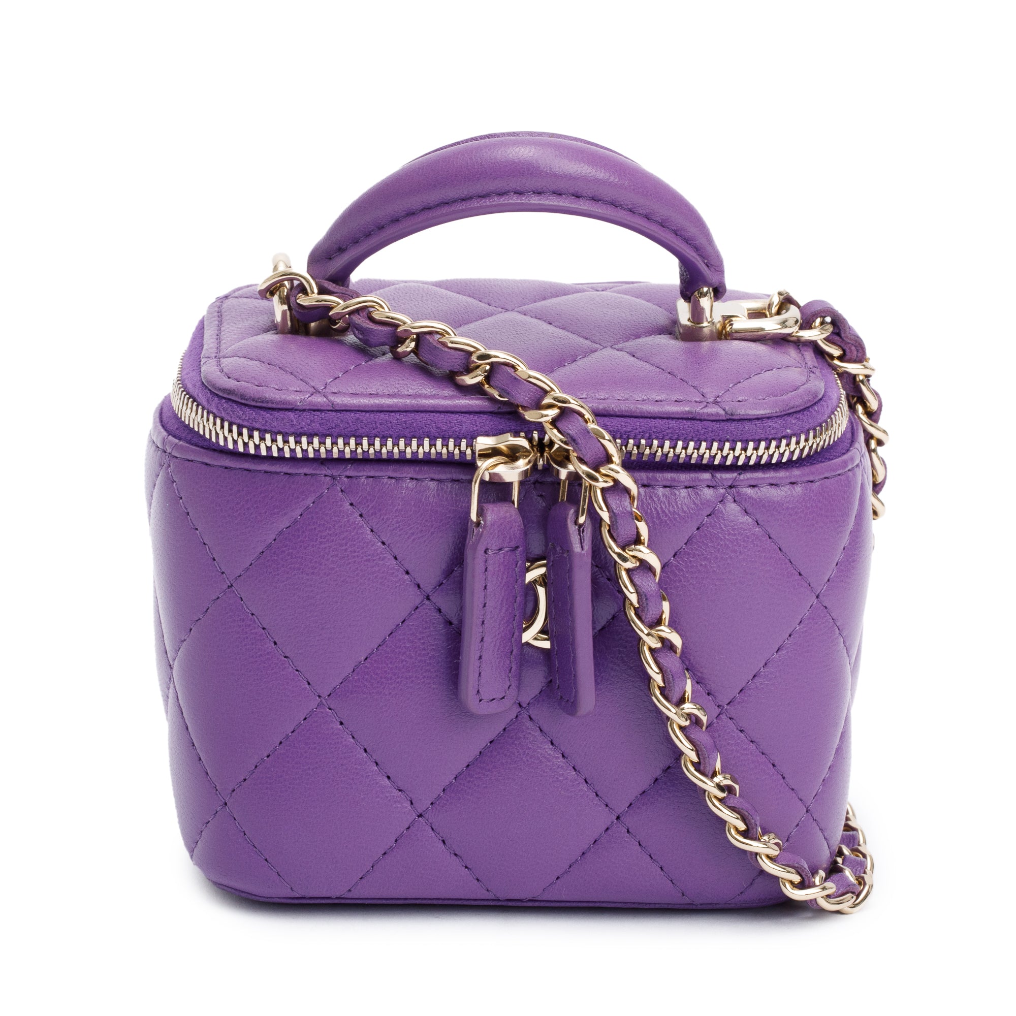 Chanel Purple Lambskin Leather Mini Top Handle Vanity Case w/ Chain