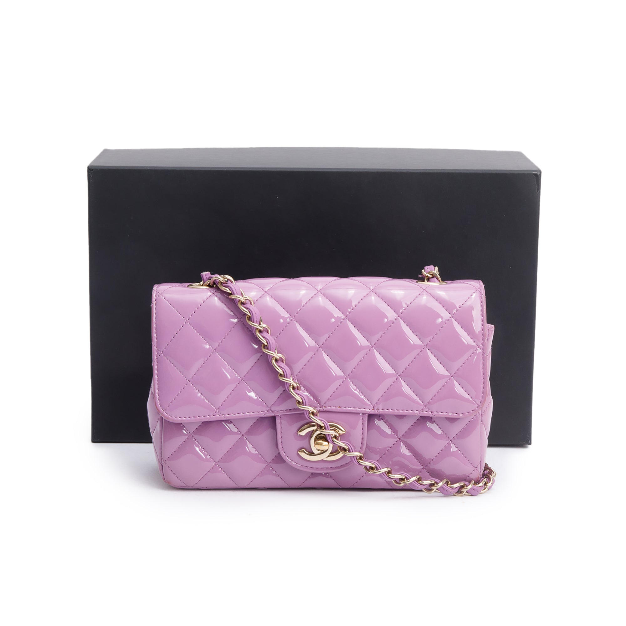 Chanel Purple Quilted Patent Leather Classic Mini Rectangular Flap Bag w/ Box & Authenticity Card