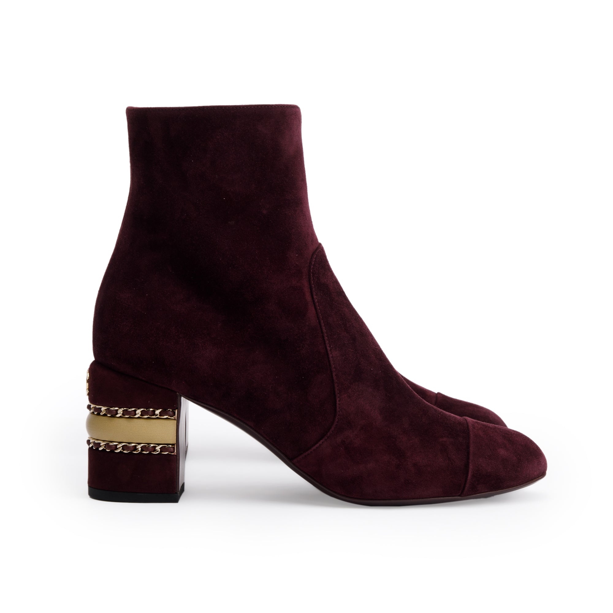 Chanel Purple Suede Interlocking CC Logo Chain Ankle Boots, Size 40 w/ Box